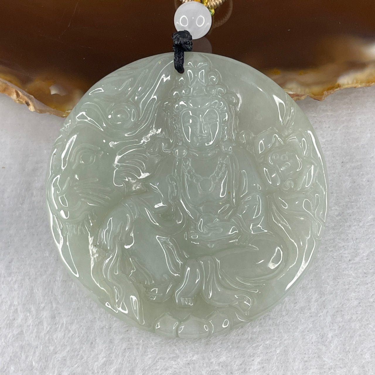 Certified Natural Type A Blueish Green Jadeite Bodhisattva of Compassion Guan Yin on Tiger Pendant 27.57g 48.6 by 5.5mm