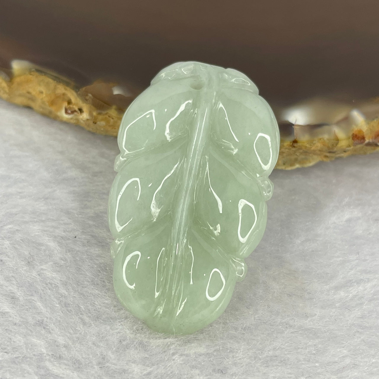 Type A Light Green Jadeite Leaf for Overnight Success 一夜发财 9.56g 37.7 by 22.5 by 5.8mm - Huangs Jadeite and Jewelry Pte Ltd