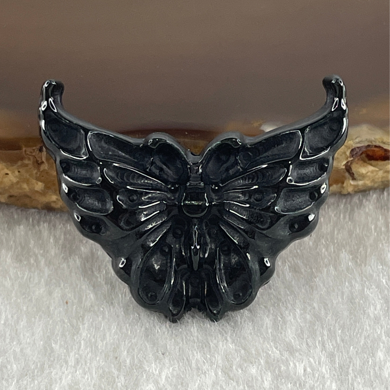 Type A Opaque Black Omphacite Butterfly Pendant Charm 5.11g 29.8 by 23.3 by 6.0mm - Huangs Jadeite and Jewelry Pte Ltd