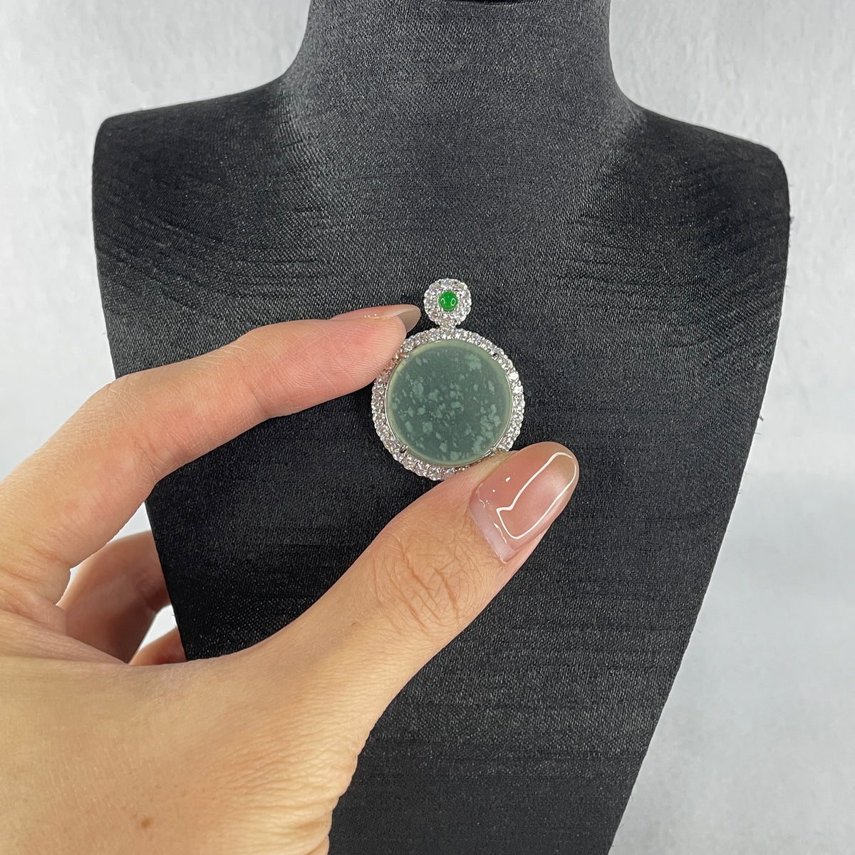 Natural Type A Icy Light Green Jadeite Round Wushipai Pendant in S925 Silver | (6.62g | 20.0 x 10.0mm | Unobstructed Peace & Protection Anchor, Feng Shui Harmony & Executive Calm Pendant) - Huangs Jadeite and Jewelry Pte Ltd