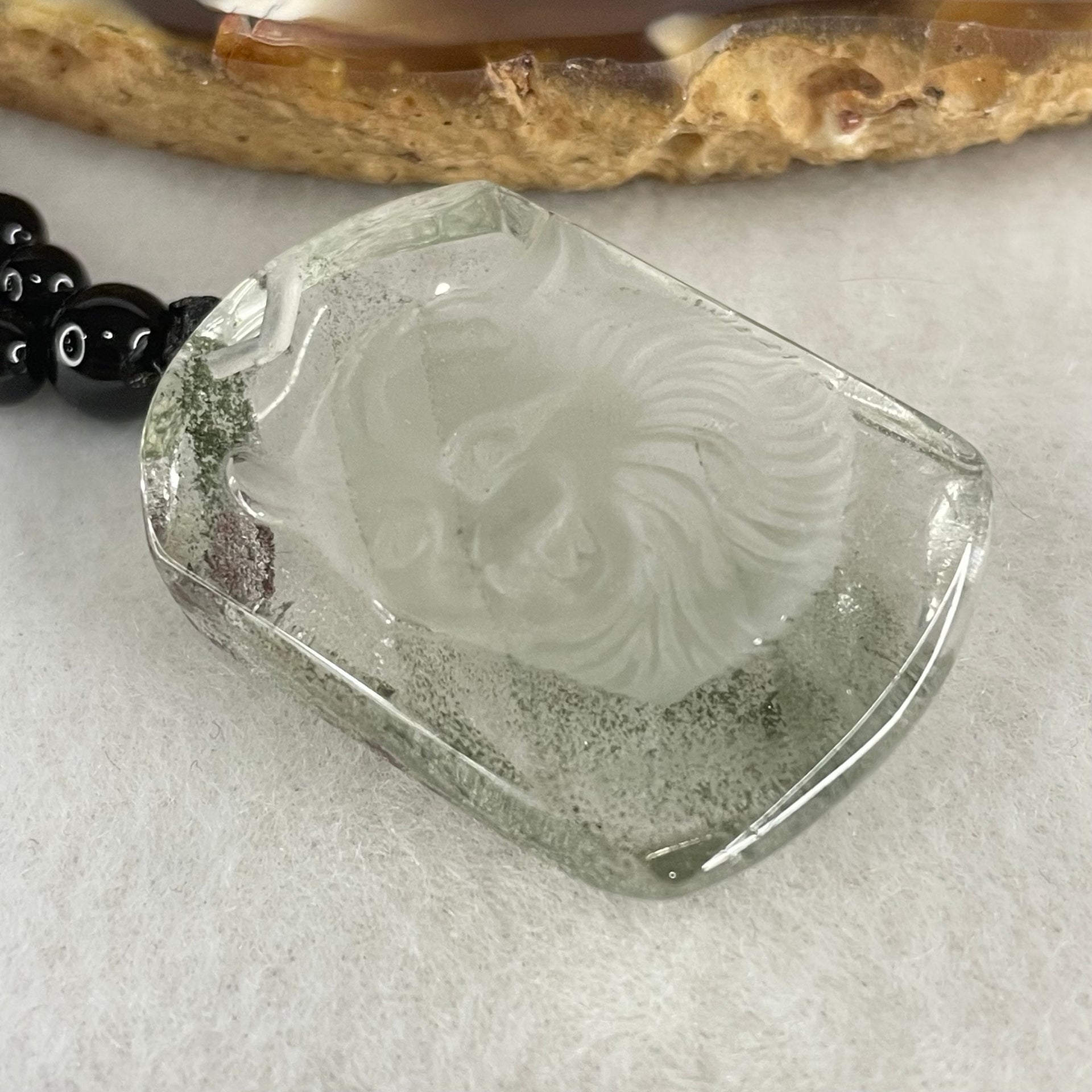 Above Average Grade Natural Green Phantom Quartz Tiger Pendant with Onyx Beads Necklace 28.56g 33.4 by 23.7 by 10.0mm - Huangs Jadeite and Jewelry Pte Ltd