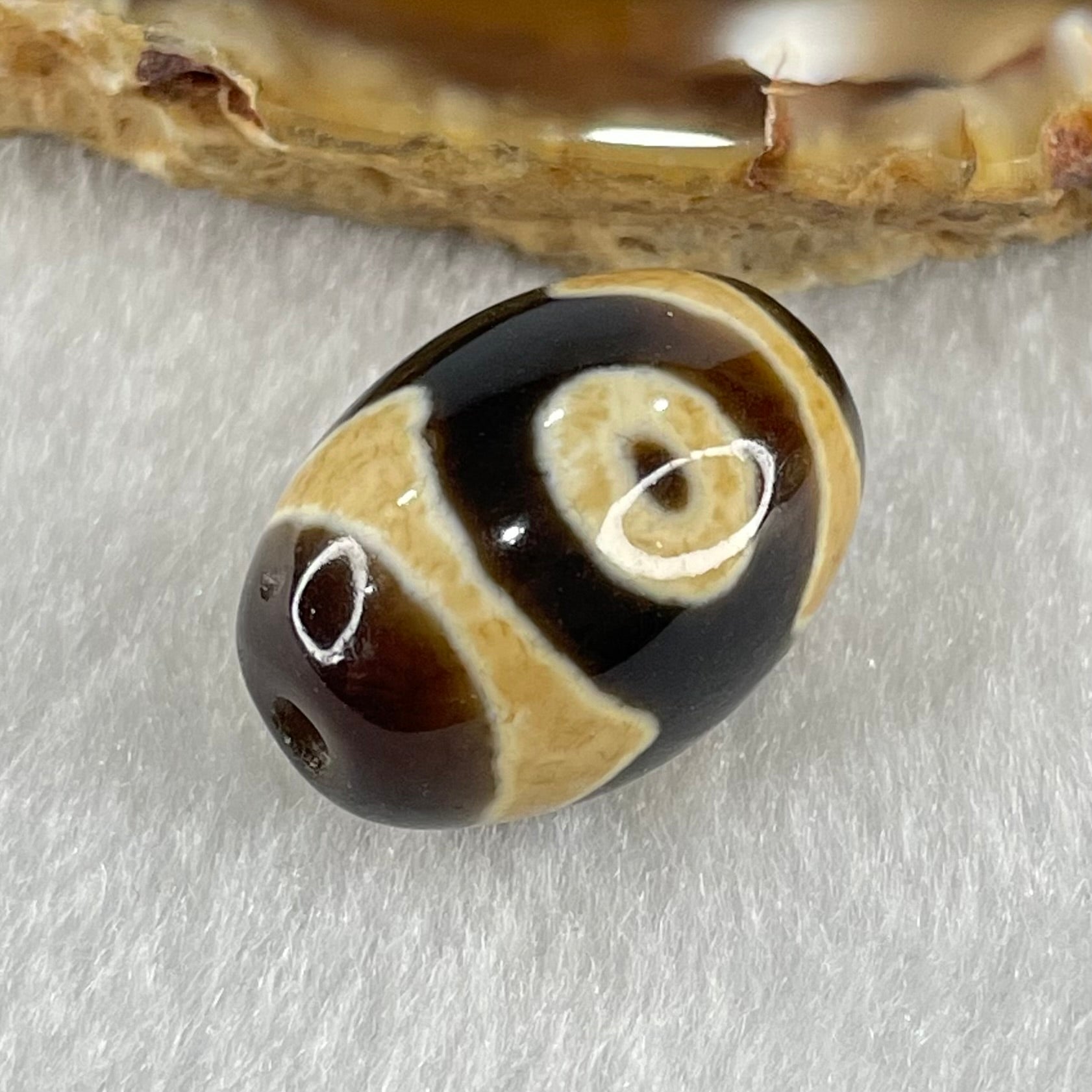 Natural Powerful Tibetan Old Oily Dark Brown With White Agate 3 Eyes Dzi Bead Heavenly Master (Tian Zhu) 三眼天诛 5.26g 19.3 by 13.8mm - Huangs Jadeite and Jewelry Pte Ltd