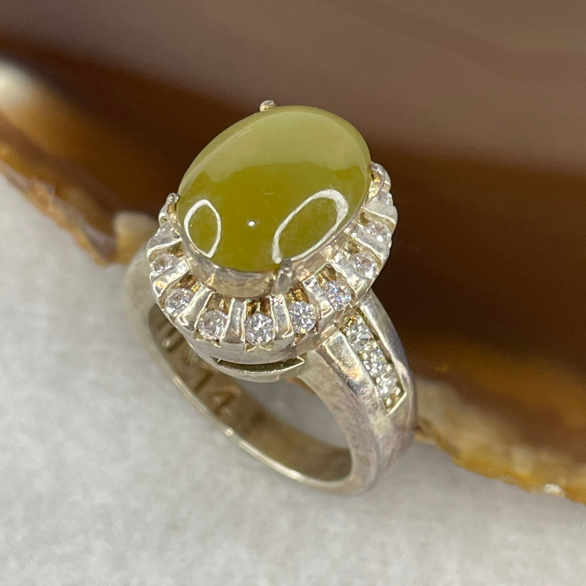 Natural Type A Brownish Yellow Jadeite Cabochon Ring on Mold | (13.44g 12.1x10.1x3.5mm | US 8.2 / HK 18.4 | Honey Gold Radiance, Windfall Wealth & Personal Power)