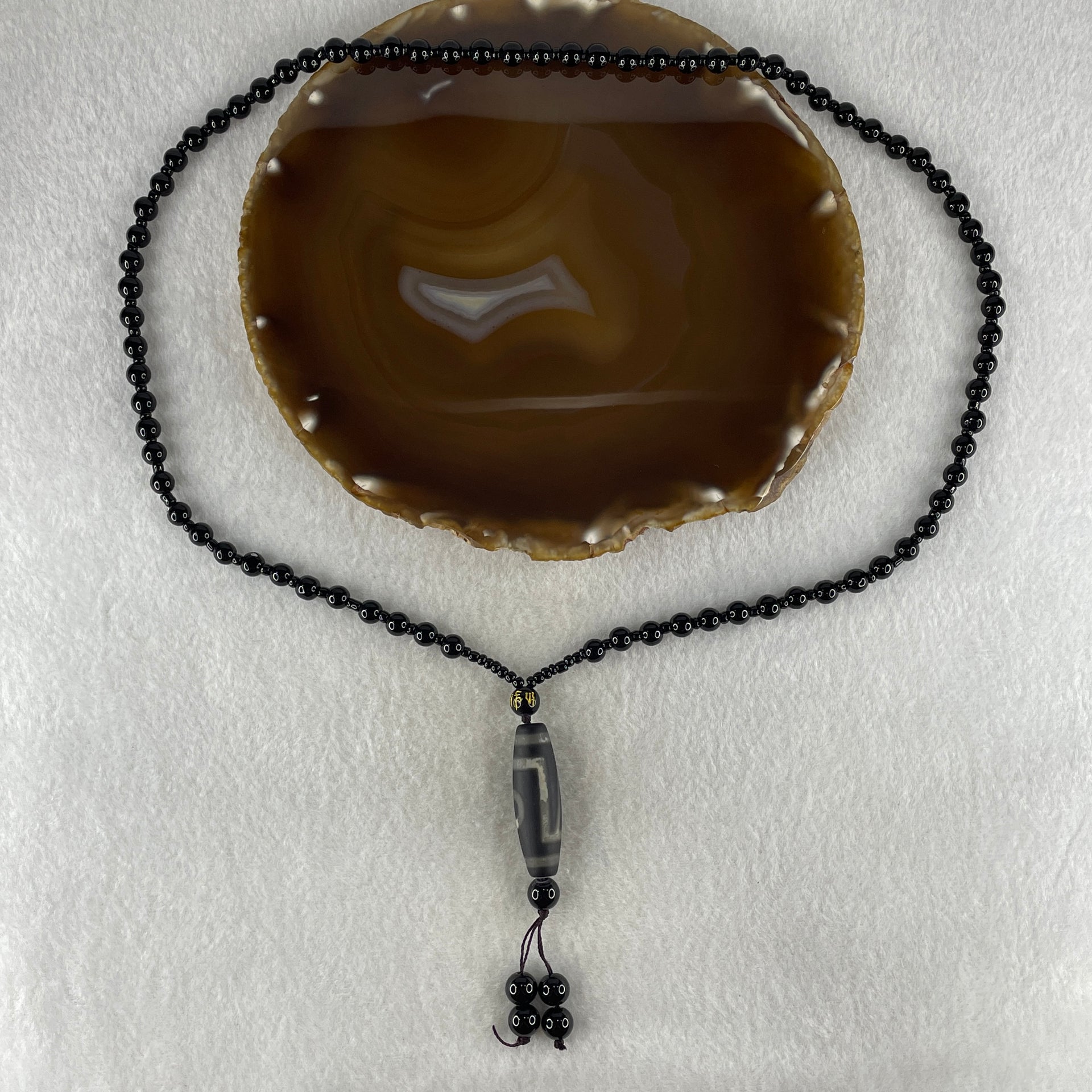 Natural Powerful Tibetan Old Oily Agate 1 Eye with Mountain Dzi Bead with Black Onyx Necklace 37.03g 62cm 38.1 by 11.8mm - Huangs Jadeite and Jewelry Pte Ltd