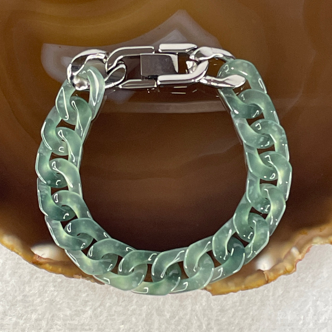 Certified Natural Type A Icy Blueish Green Jadeite Cuban Tennis Bracelet with Stainless Steel Clap 21.21g 17cm 11.6 by 16.7 by 3.4mm 16 Pcs