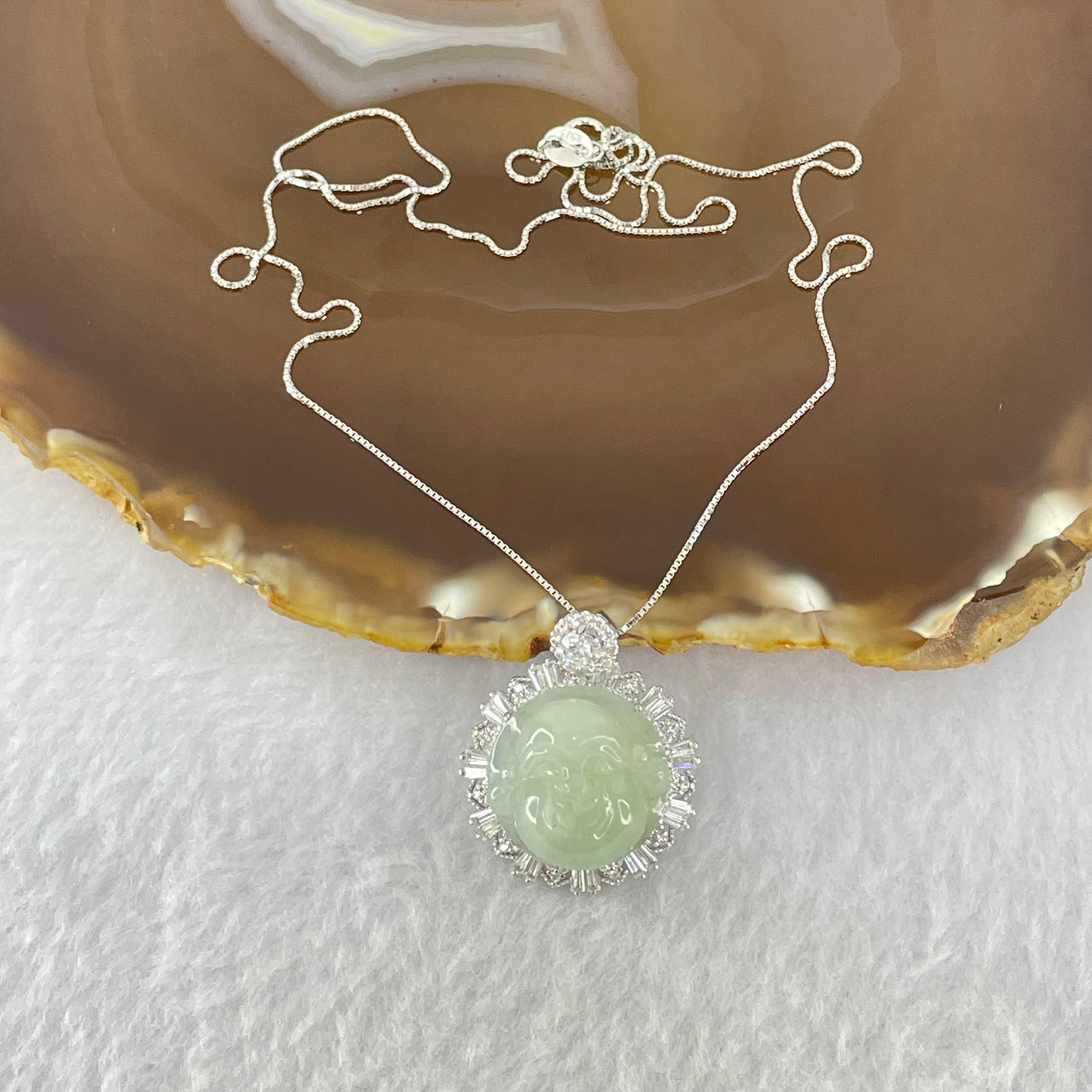 Type A Faint Green Milo Buddha with Crystals in S925 Sliver Pendant and Necklace 7.61g 16.2 by 16.2 by 8.5mm - Huangs Jadeite and Jewelry Pte Ltd