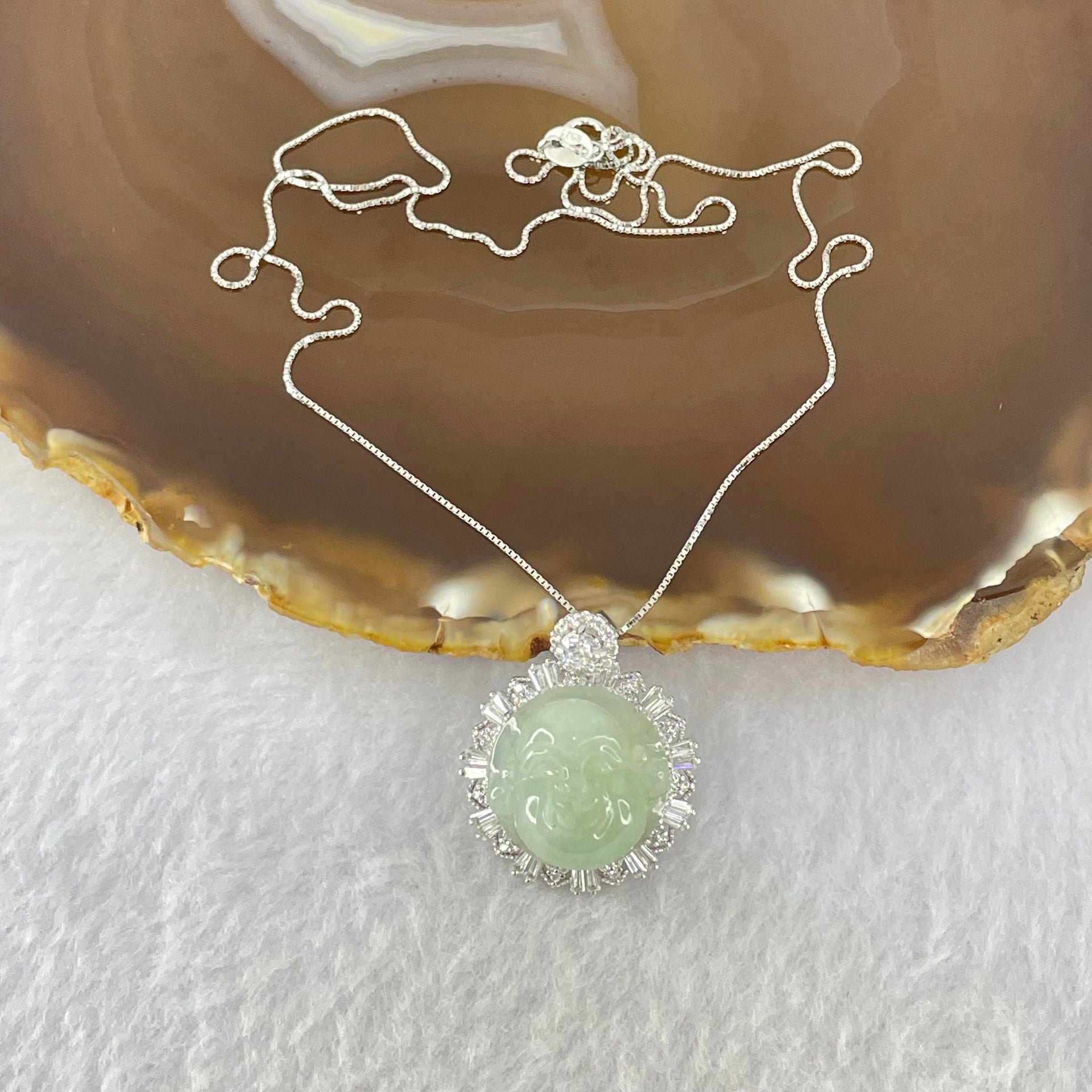 Type A Faint Green Milo Buddha with Crystals in S925 Sliver Pendant and Necklace 7.61g 16.2 by 16.2 by 8.5mm - Huangs Jadeite and Jewelry Pte Ltd