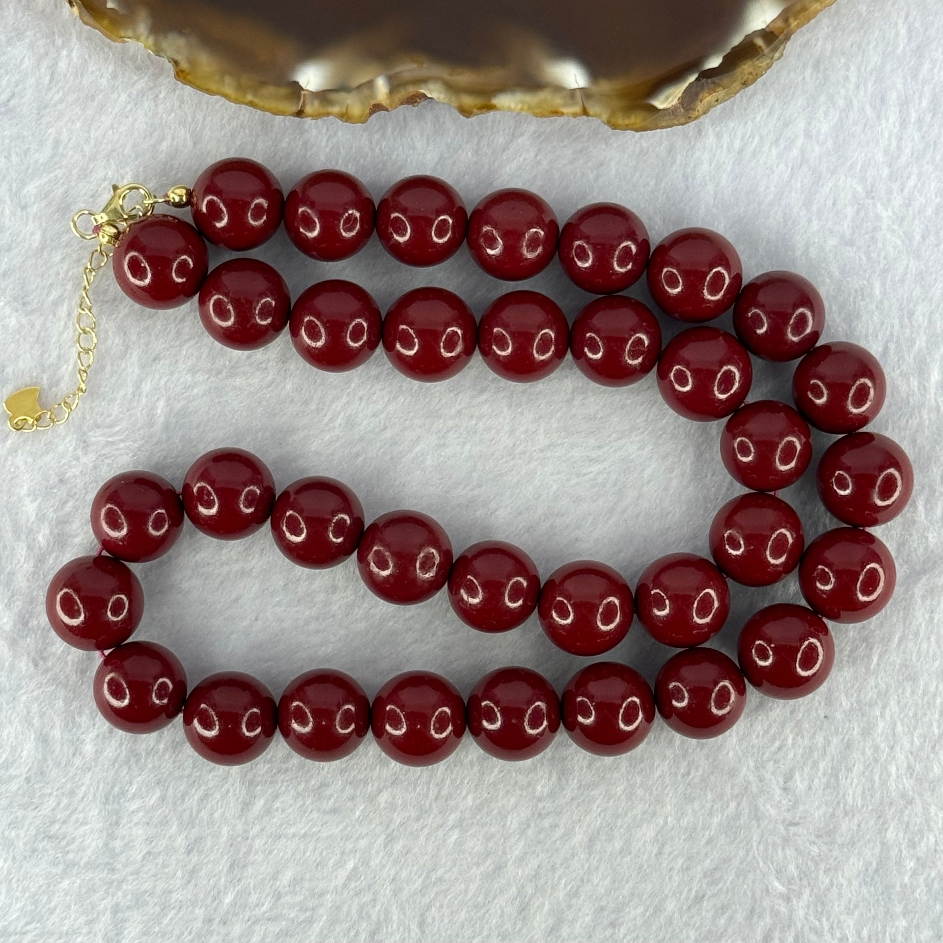 Natural Red Cinnabar Beads Necklace in S925 Sliver Gold Color Clasps 天然紫金沙项链 88.88g 40cm 12.0mm 35 Beads - Huangs Jadeite and Jewelry Pte Ltd