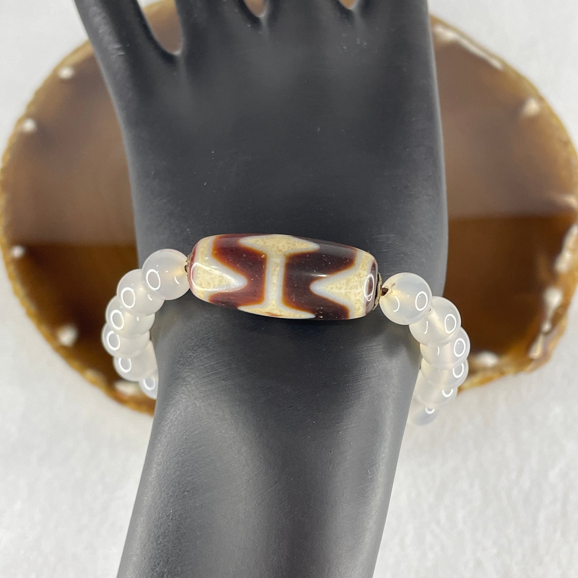 Natural Powerful Tibetan Old Oily Agate Tiger Tooth Daluo Dzi Bead Heavenly Master (Tian Zhu) with White Agate Beads Bracelet 24.84g 14cm 29.8 by 13.0mm Double Tiger Tooth - 29.5 by 12.3 Tiger Tooth - Huangs Jadeite and Jewelry Pte Ltd