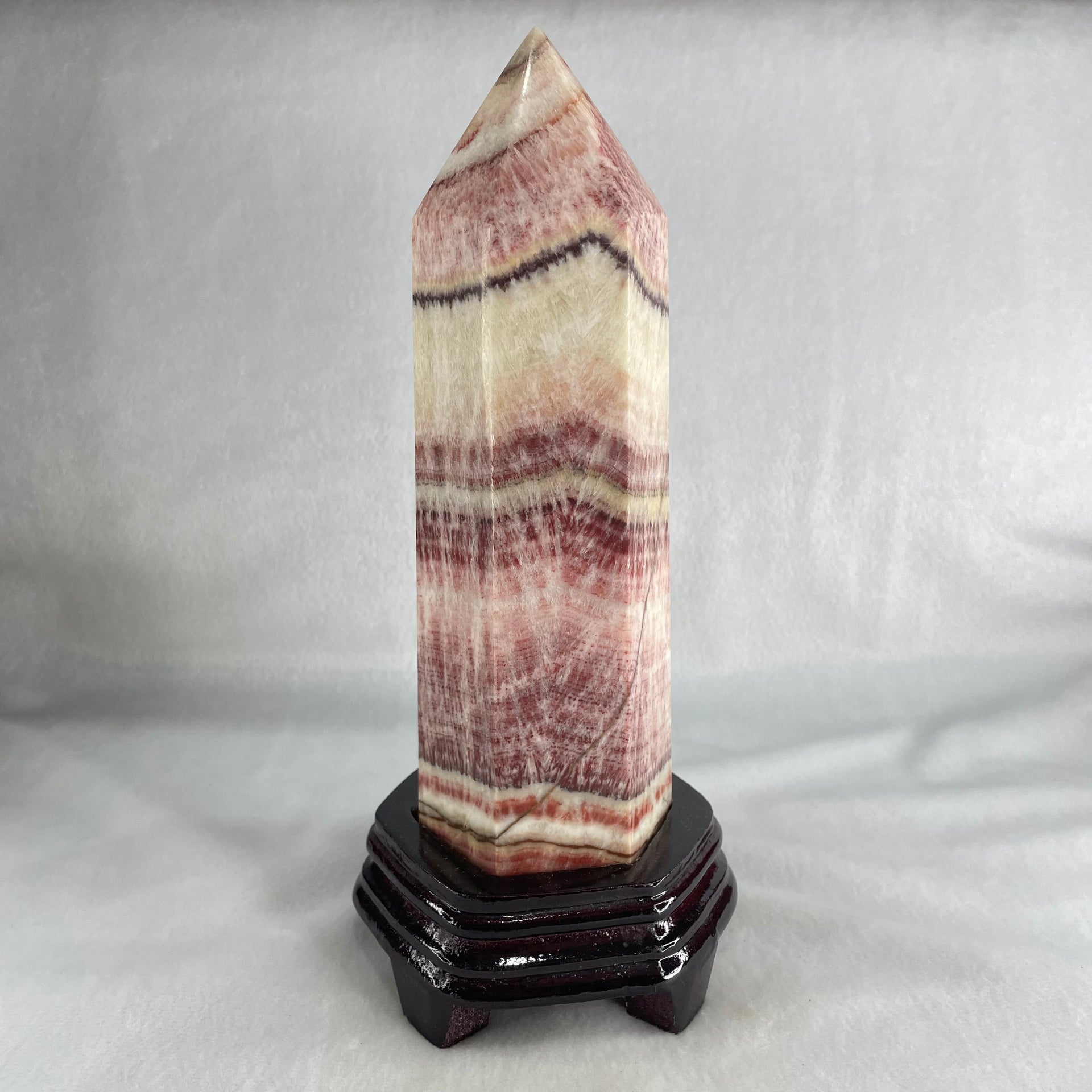 Natural Pink Calcite Tower with Wooden Stand Display 1527.4g 105.5 by 99.5 by 230.0mm - Huangs Jadeite and Jewelry Pte Ltd