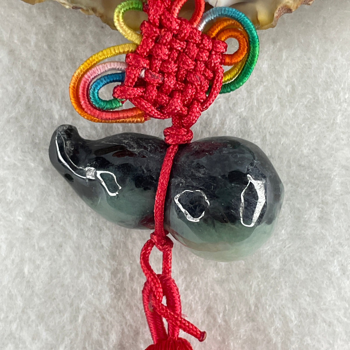 Natural Type A Wuji Black with Green Jadeite Hulu Charm Display | Gourd Health, Wealth Accumulation & Protection Talisman (16.64g | 32.7 x 17.6mm) - Huangs Jadeite and Jewelry Pte Ltd