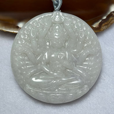 Type A Faint Lavender Green Jadeite Double Sided Thousand Hands Guan Yin Pendent 60.73g 53.0 by 52.9 by 12.0mm