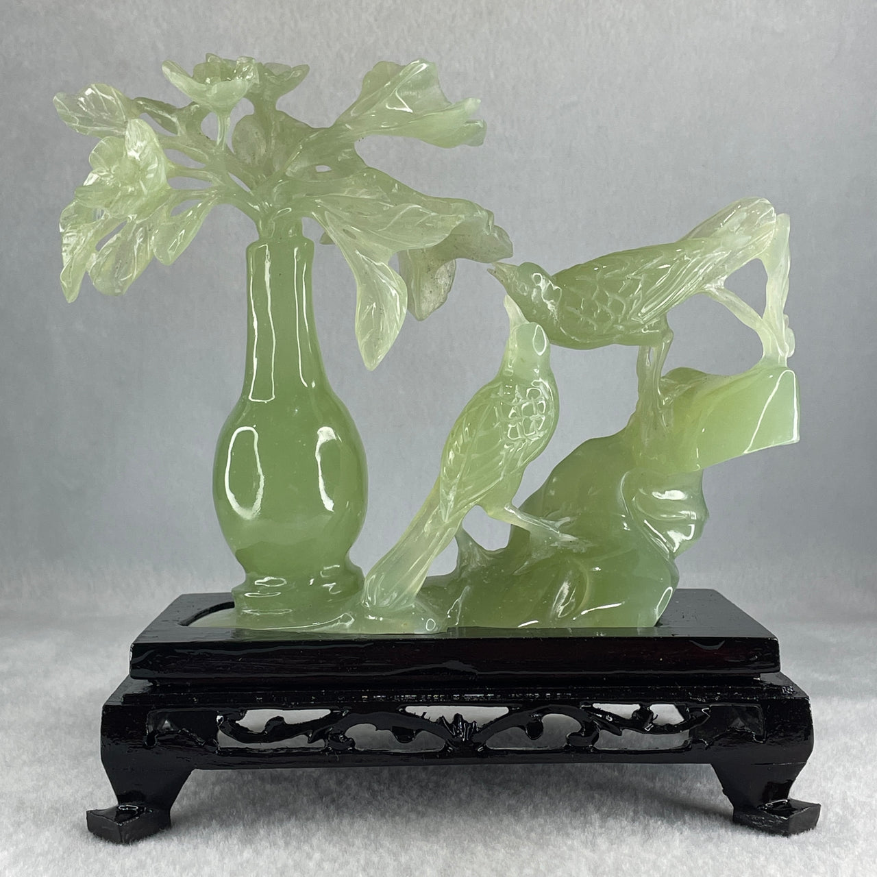 Natural Green Serpentine Double Magpies Birds on Mountain with Flower on Vase with Wooden Stand Display 553.8g 180.0 by 95.0 by 170.0mm - Huangs Jadeite and Jewelry Pte Ltd
