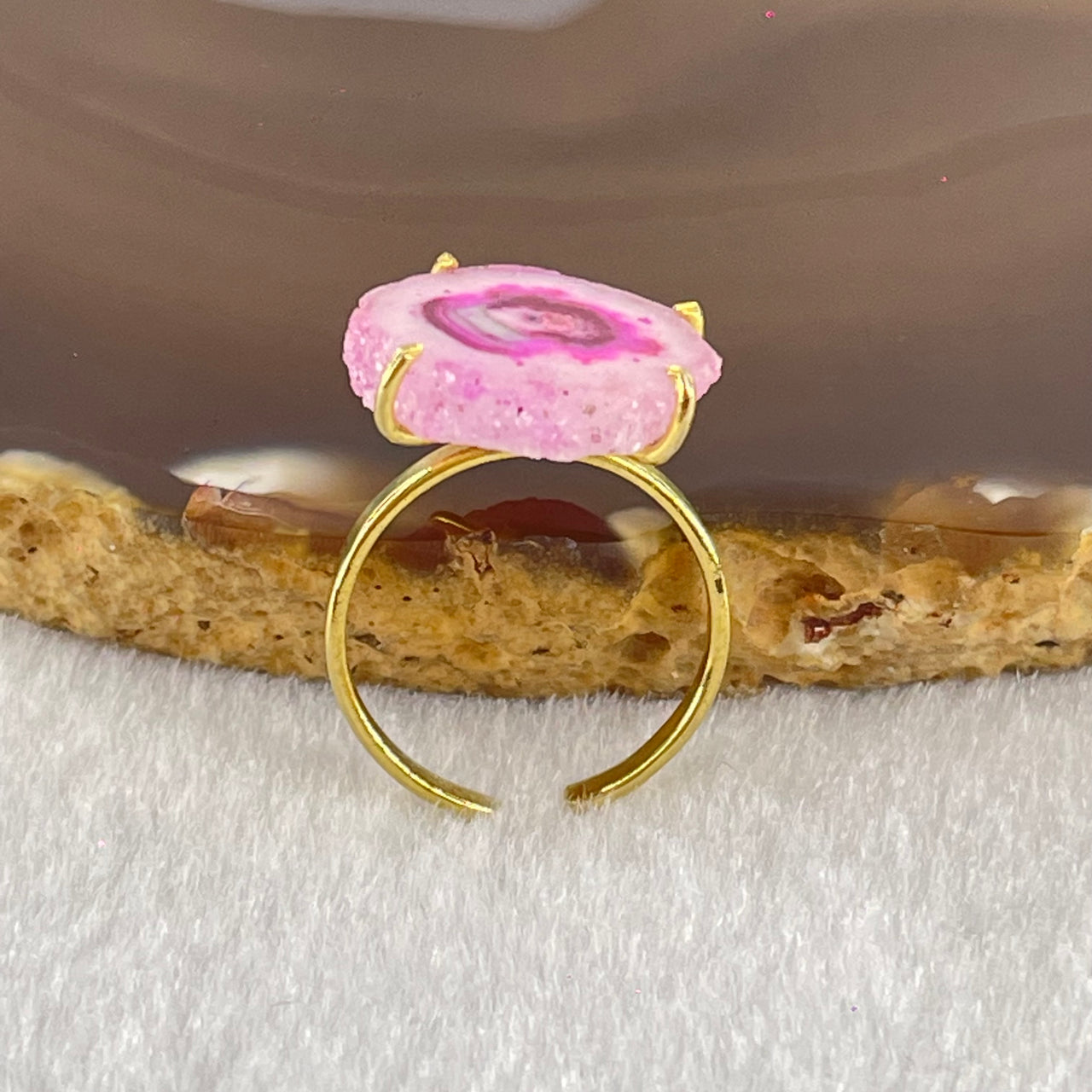 Pink Agate in Gold Color Ring (Adjustable Size) 2.62g 15.7 by 14.8 by 3.7mm - Huangs Jadeite and Jewelry Pte Ltd