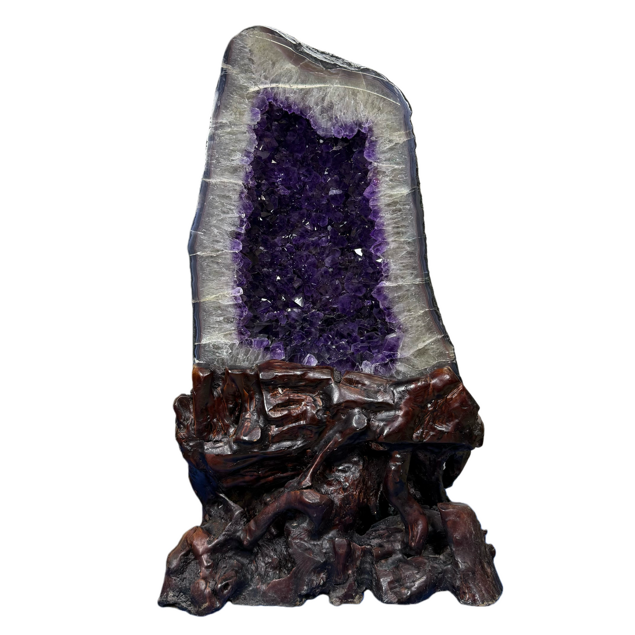 Natural Amethyst Rectangular Shape Cave (31,526.0g) with Wooden Stand Display Total Weight 38,526.0g 420.0 by 315.0 by 610.0mm - Huangs Jadeite and Jewelry Pte Ltd