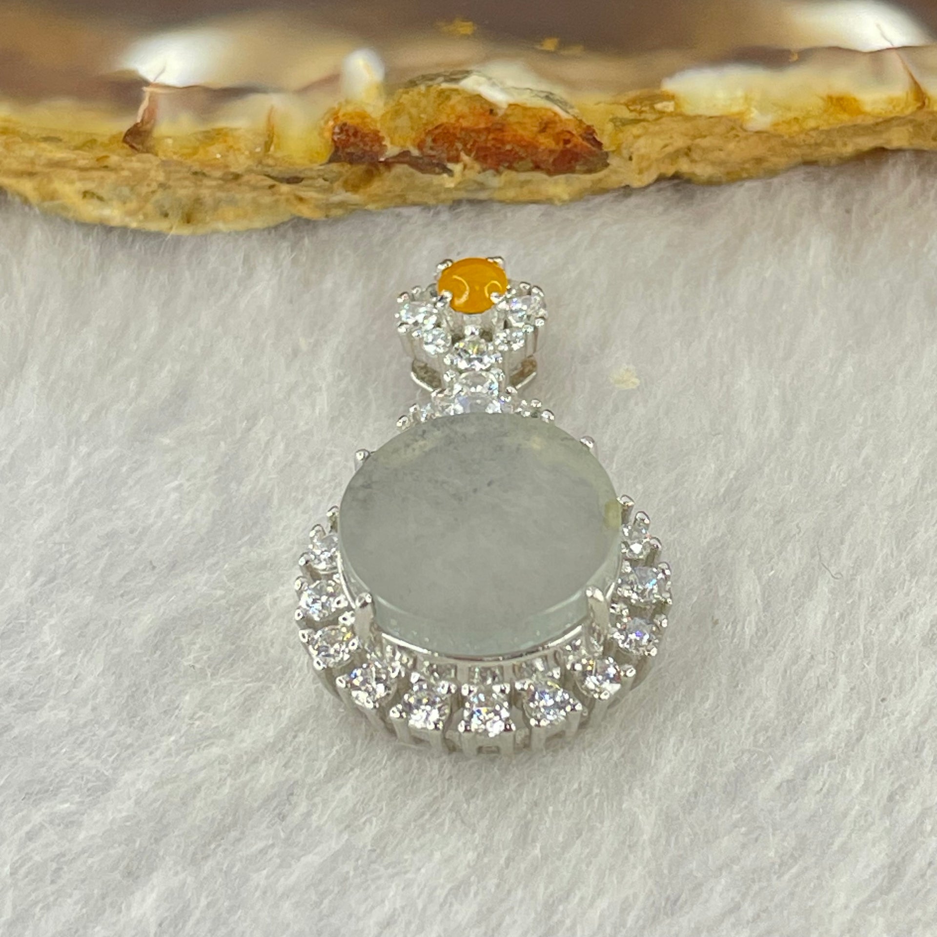 Type A High Icy Light Blueish Green Jadeite 11.9 by 3.0mm Round Wu Shi Pai Pendant with Crystals in S925 Silver Pendant 4.05g - Huangs Jadeite and Jewelry Pte Ltd