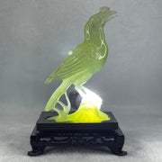 Natural Green Serpentine Javan Mynah Birds on Tree with Wooden Stand Display 291.4g 99.0 by 153.8 by 78.0mm - Huangs Jadeite and Jewelry Pte Ltd