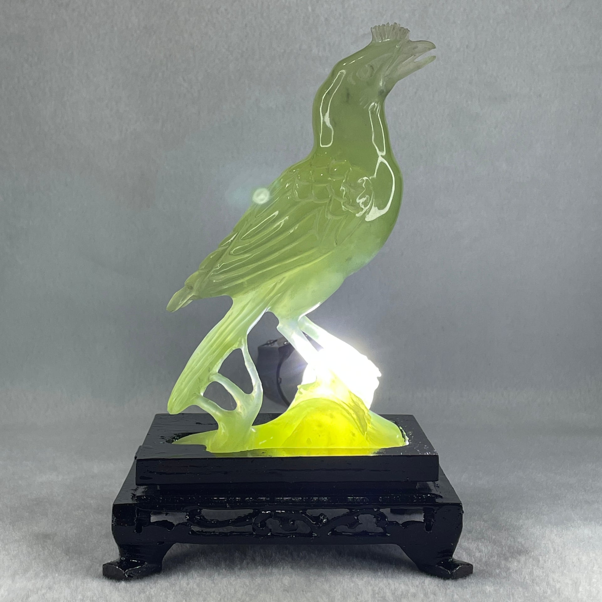 Natural Green Serpentine Javan Mynah Birds on Tree with Wooden Stand Display 291.4g 99.0 by 153.8 by 78.0mm - Huangs Jadeite and Jewelry Pte Ltd