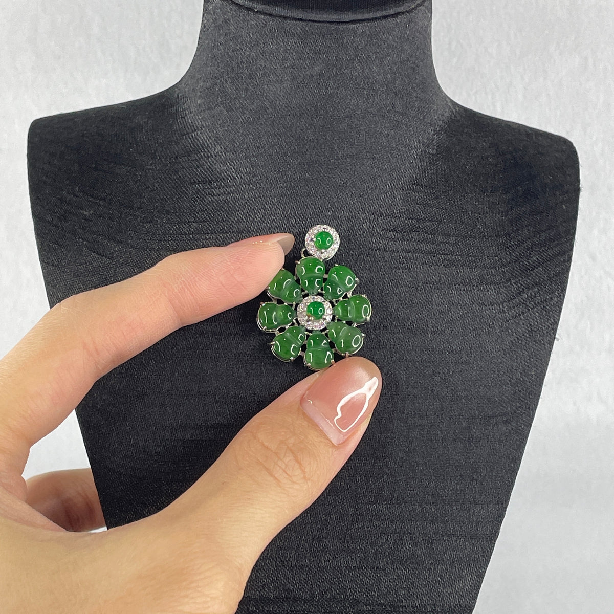 Natural Type A Omphacite Spicy Green Jadeite Hulu Flower Pendant in S925 Silver | (4.87g | 8.0 x 6.2 x 1.5mm x 8 Pcs | Bloom of Fortune & Longevity Anchor, Feng Shui Prosperity & Health Pendant) - Huangs Jadeite and Jewelry Pte Ltd