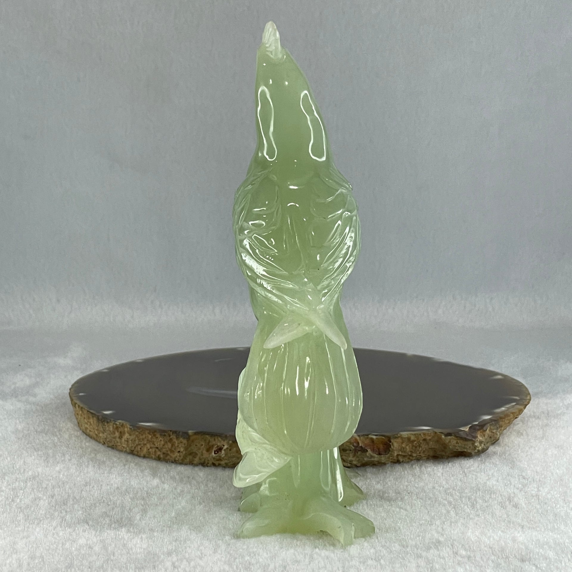 Natural Green Serpentine Bird with Wooden Stand Display 316.4g 117.3 by 76.2 by 175.0mm - Huangs Jadeite and Jewelry Pte Ltd