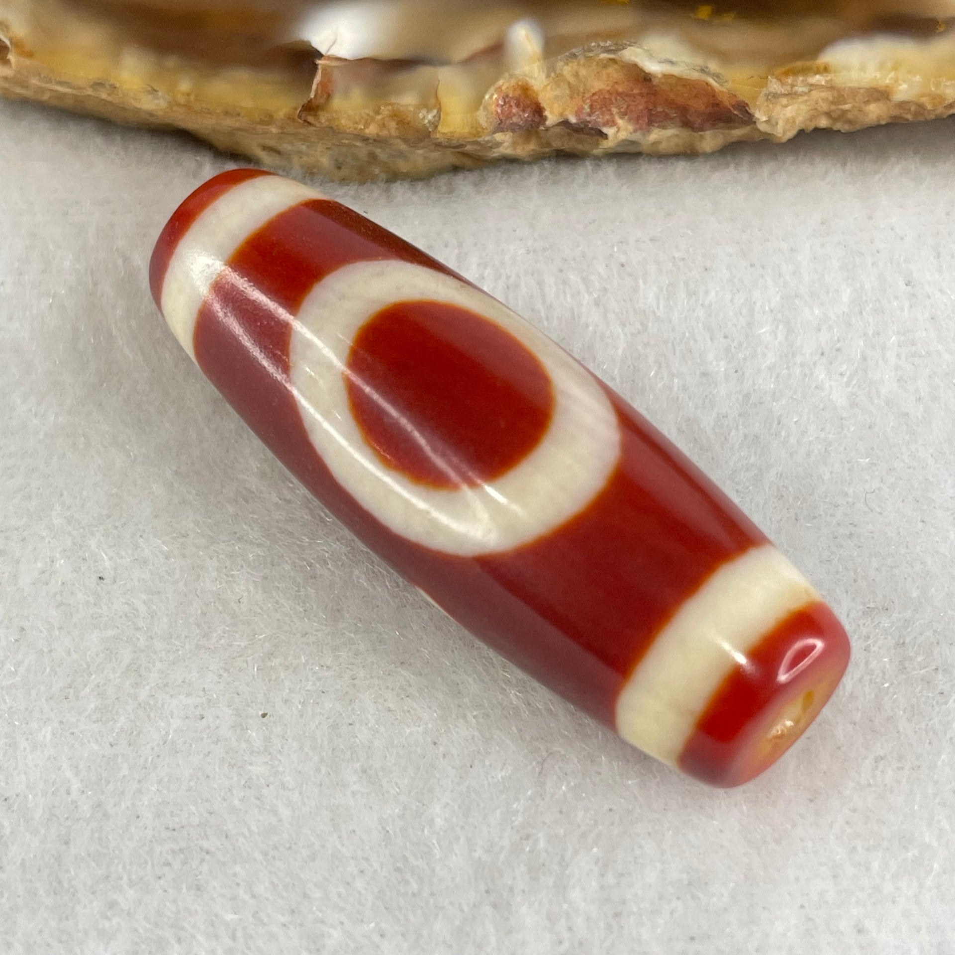 Natural Powerful Tibetan Old Oily Red White Agate One Eye Gold Metal Element Dzi Bead Heavenly Master (Tian Zhu) 一眼金天珠 9.50g 38.2 by 12.8mm - Huangs Jadeite and Jewelry Pte Ltd
