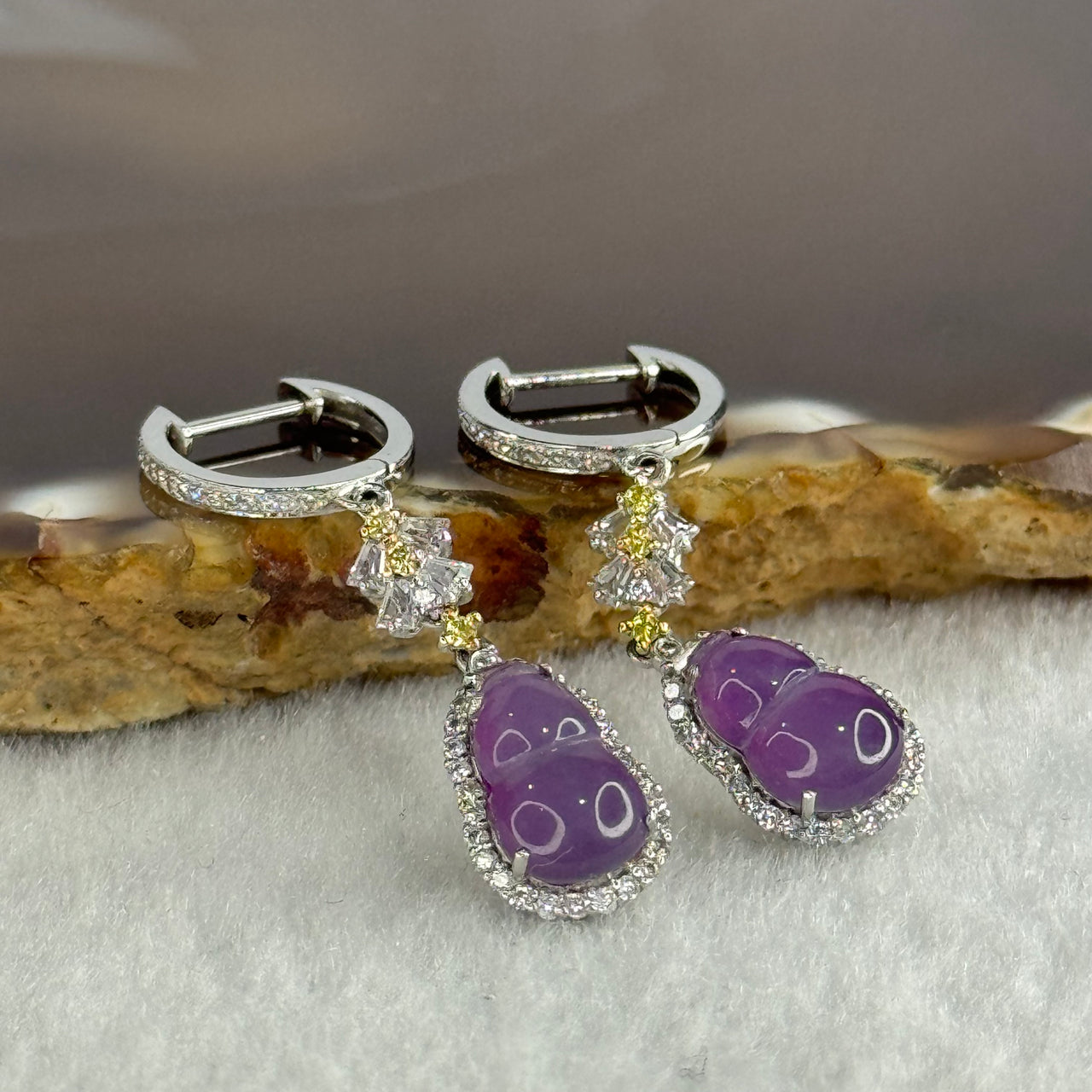 Certified Type A Semi Icy Lavender Jade Jadeite Hulu Earrings 18k White Gold, natural diamonds and sapphires 3.85g 33.8 by 8.2 by 5.6mm (Setting with Color Backing) - Huangs Jadeite and Jewelry Pte Ltd
