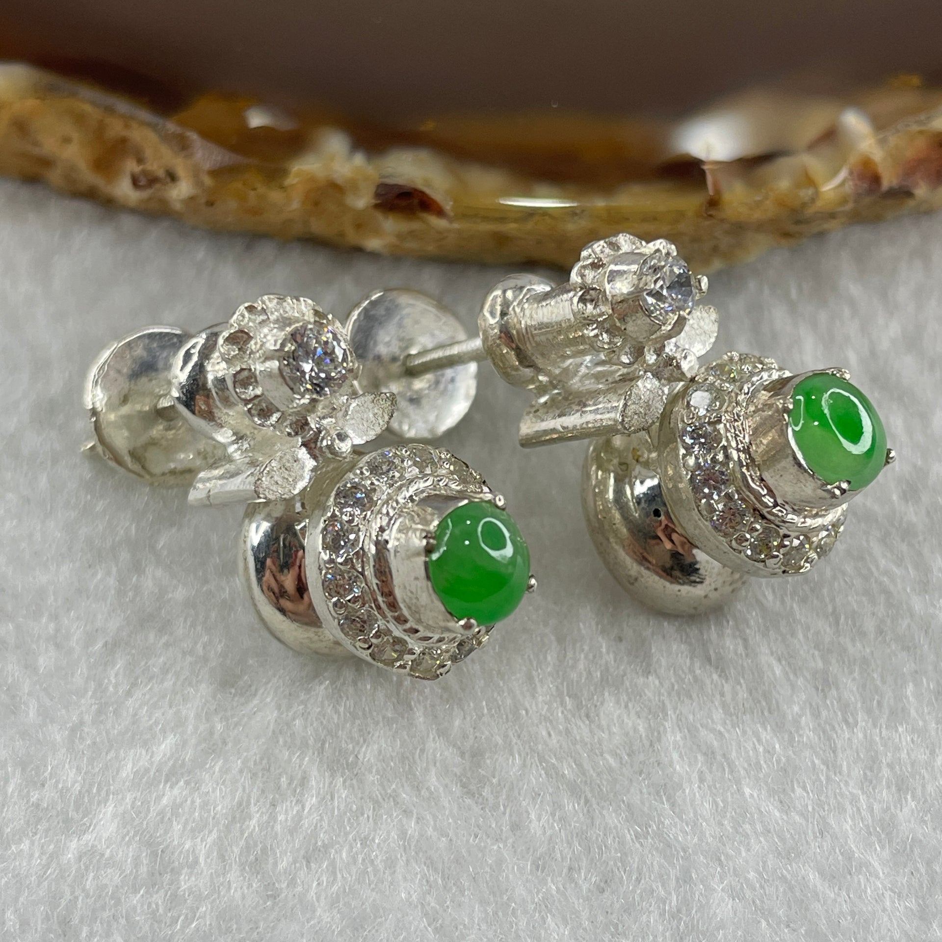 Type A Natural Semi Icy Green Jadeite Cabochon 6.2 by 5.5 by 2.5m Stone for Setting 22.45g (On Silver Earrings Mold) - Huangs Jadeite and Jewelry Pte Ltd