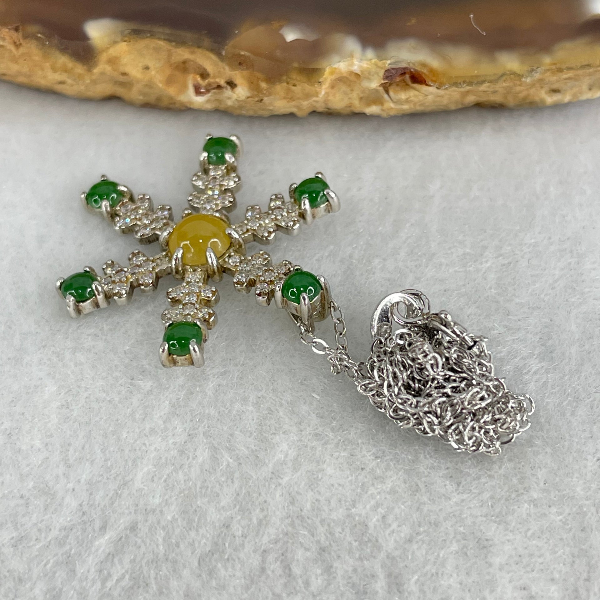 Type A Green and Yellow Jadeite Cabochon Snowflake Pendant in S925 Sliver Necklace 3.42g 2.5 by 1.2mm 6pcs, 4.5 by 2.0mm 1pc - Huangs Jadeite and Jewelry Pte Ltd