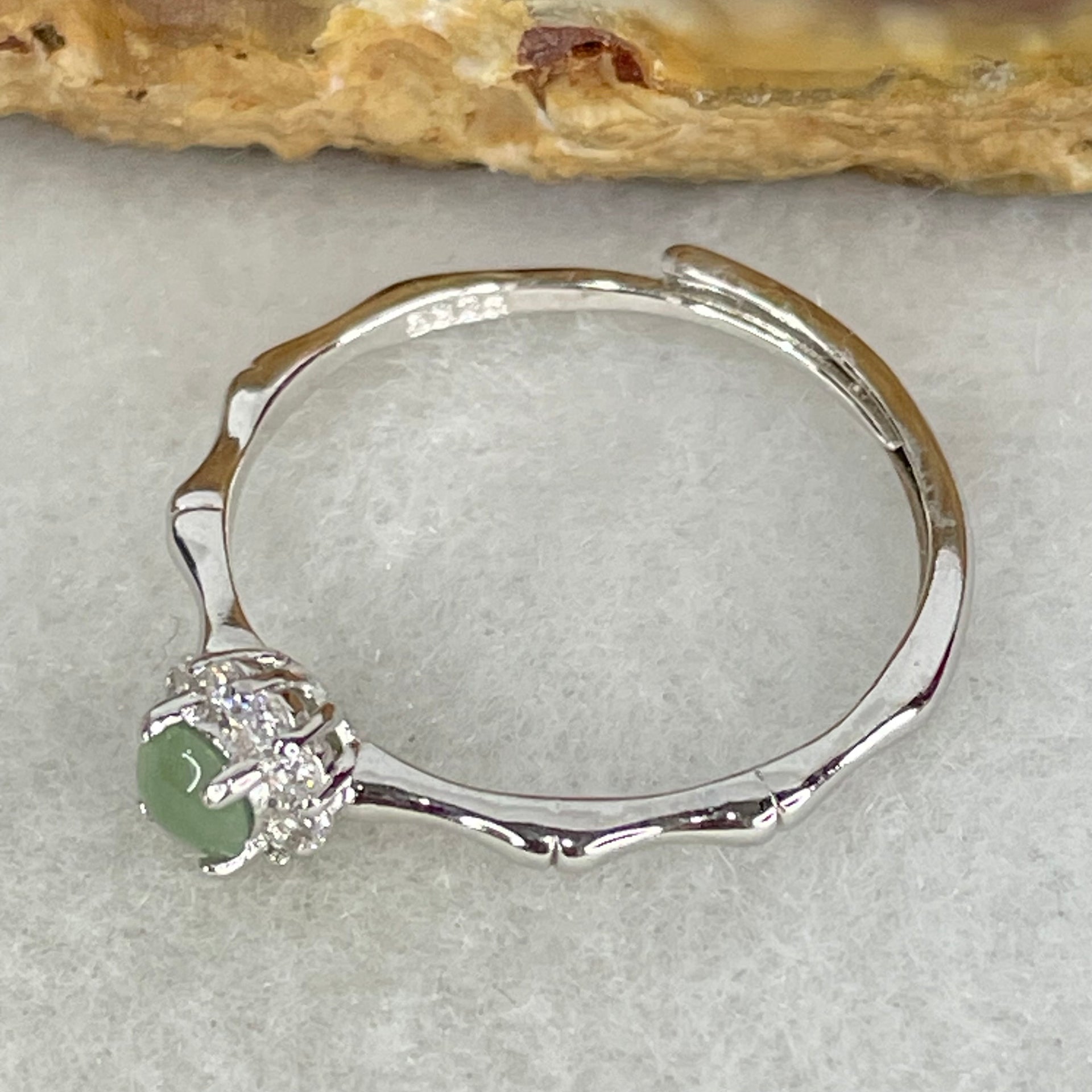 Type A Semi Icy Green Cabochon Jadeite in S925 Sliver Bamboo Ring (Adjustable Size) 0.97g 3.7 by 2.8mm - Huangs Jadeite and Jewelry Pte Ltd