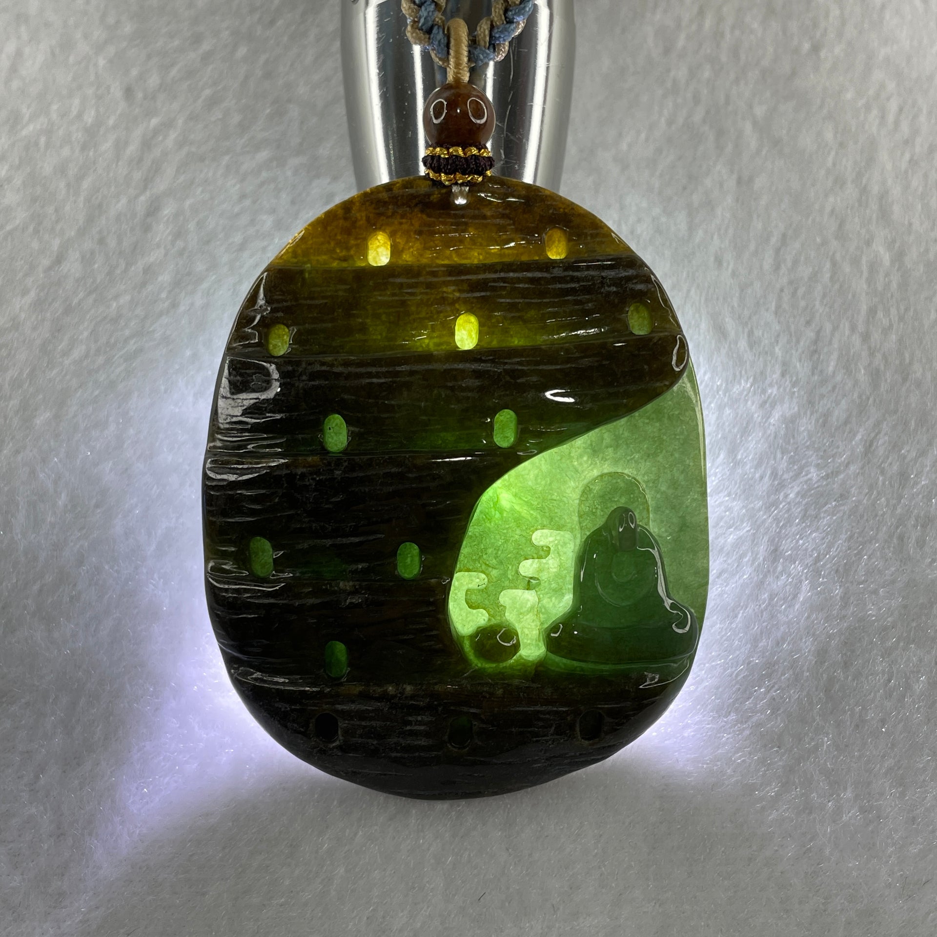 Natural Type A Brown with Blueish Green Jadeite Seeking Enlightenment Pendant 64.41g 63.8 by 51.7 by 10.9mm - Huangs Jadeite and Jewelry Pte Ltd
