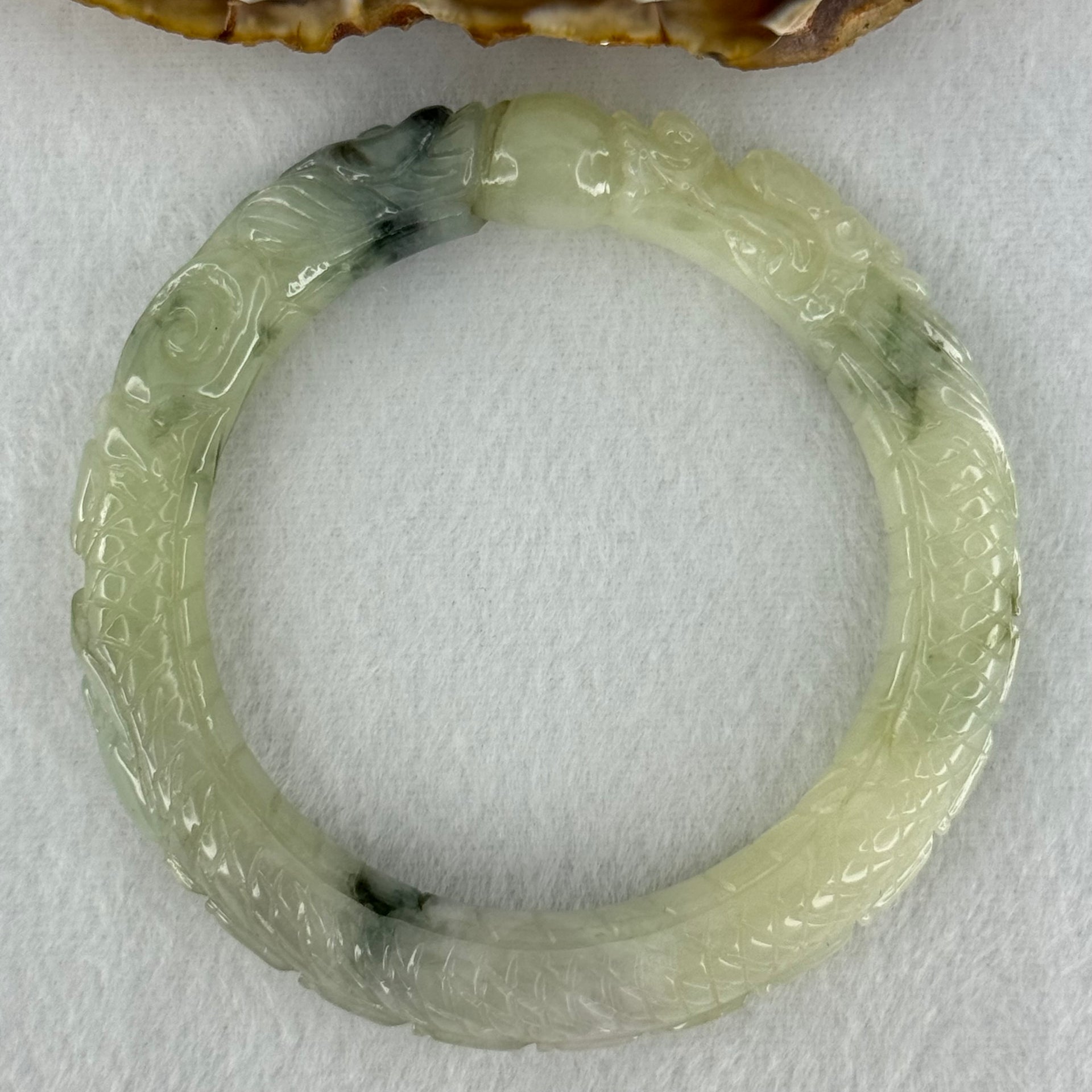 Type A Light Green with Moss Green Piao Hua Jadeite Dragon Bangle Internal Diameter 57.1mm 62.53g 11.5 by 12.4mm (Internal Line) - Huangs Jadeite and Jewelry Pte Ltd