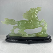 Natural Light Green Serpentine Victory Horse with Wooden Stand Display 1,274.6g 255.0 by 90.0 by 183.0mm - Huangs Jadeite and Jewelry Pte Ltd