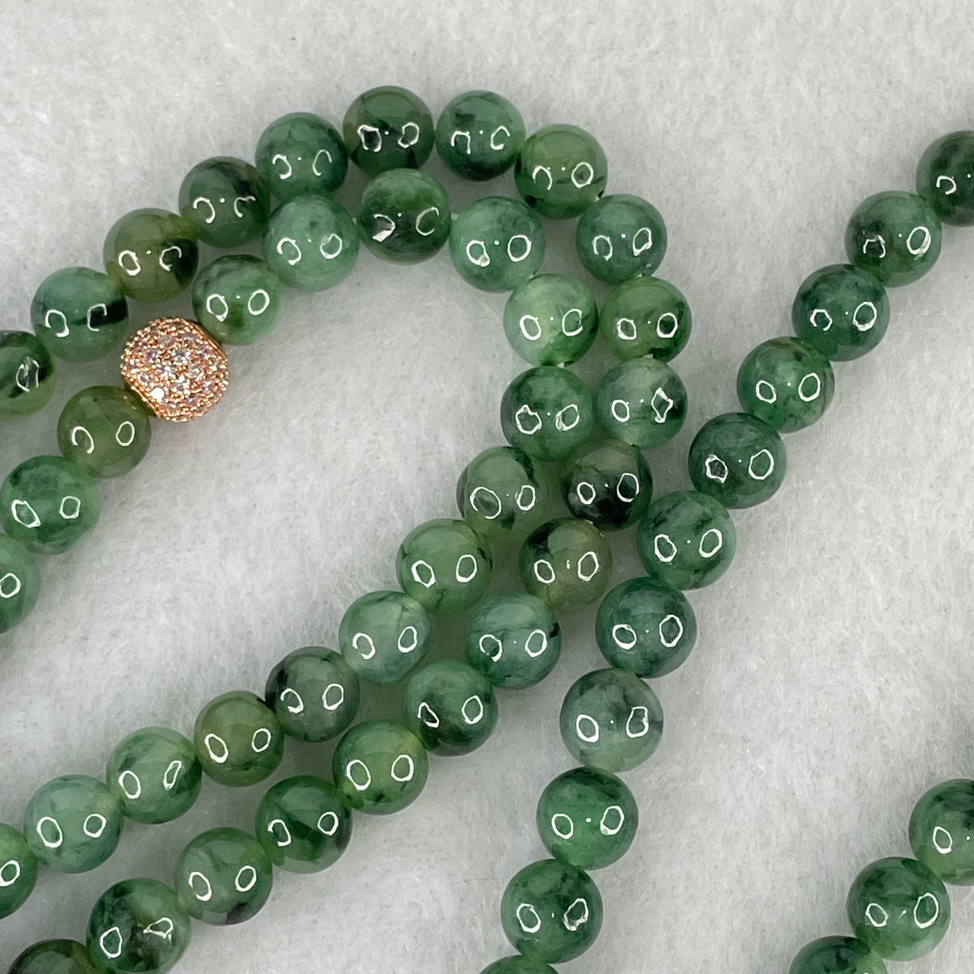 Type A Green with Dark Green Piao Hua Jadeite Beads Necklace 70.43g 76cm 7.5mm 108 Beads - Huangs Jadeite and Jewelry Pte Ltd
