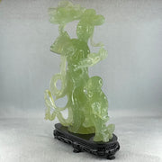 Natural Semi Icy Green Serpentine Fairy with Tong Zhi and Lotus Flower with Wooden Stand Display 1,228.0g 196.0 by 76.0 by 283.0mm - Huangs Jadeite and Jewelry Pte Ltd