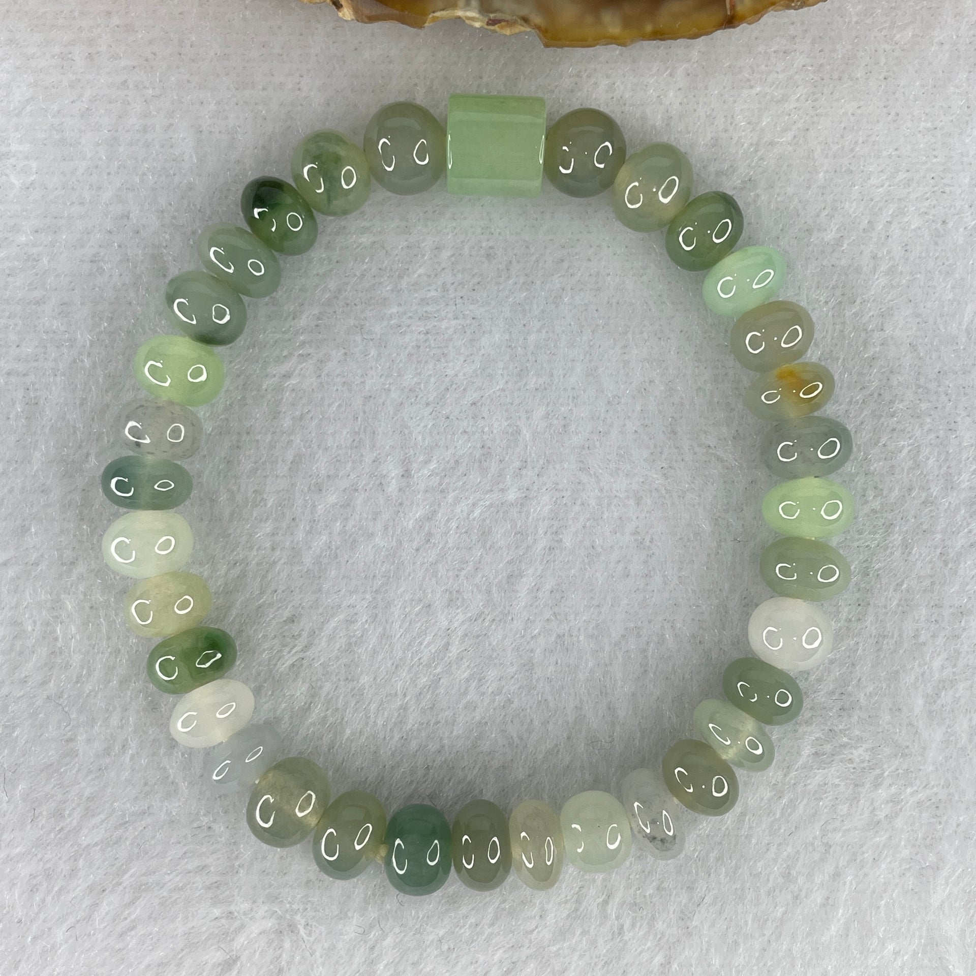 Natural Type A Muti Green Jadeite Donut with Lulutong Charm Bracelet 18.94g 15cm 7.6mm 33 Beads - 8.2 by 8.4mm Lulutong - Huangs Jadeite and Jewelry Pte Ltd