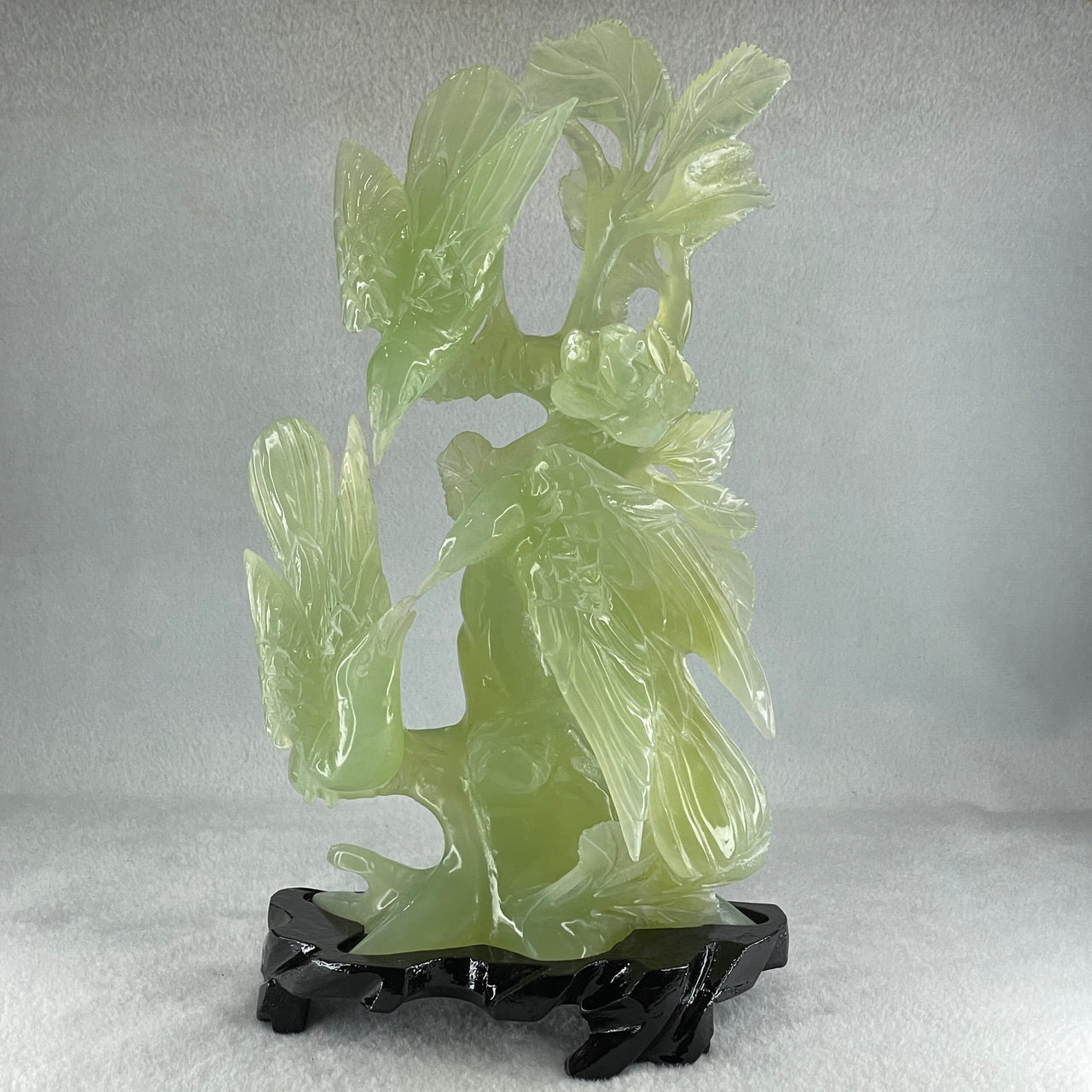 Natural Green Serpentine 3 Magpie Birds on Tree with Wooden Stand Display 939.0g 147.0 by 272.0 by 92.0mm - Huangs Jadeite and Jewelry Pte Ltd