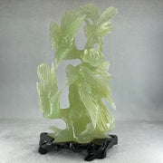 Natural Green Serpentine 3 Magpie Birds on Tree with Wooden Stand Display 939.0g 147.0 by 272.0 by 92.0mm - Huangs Jadeite and Jewelry Pte Ltd
