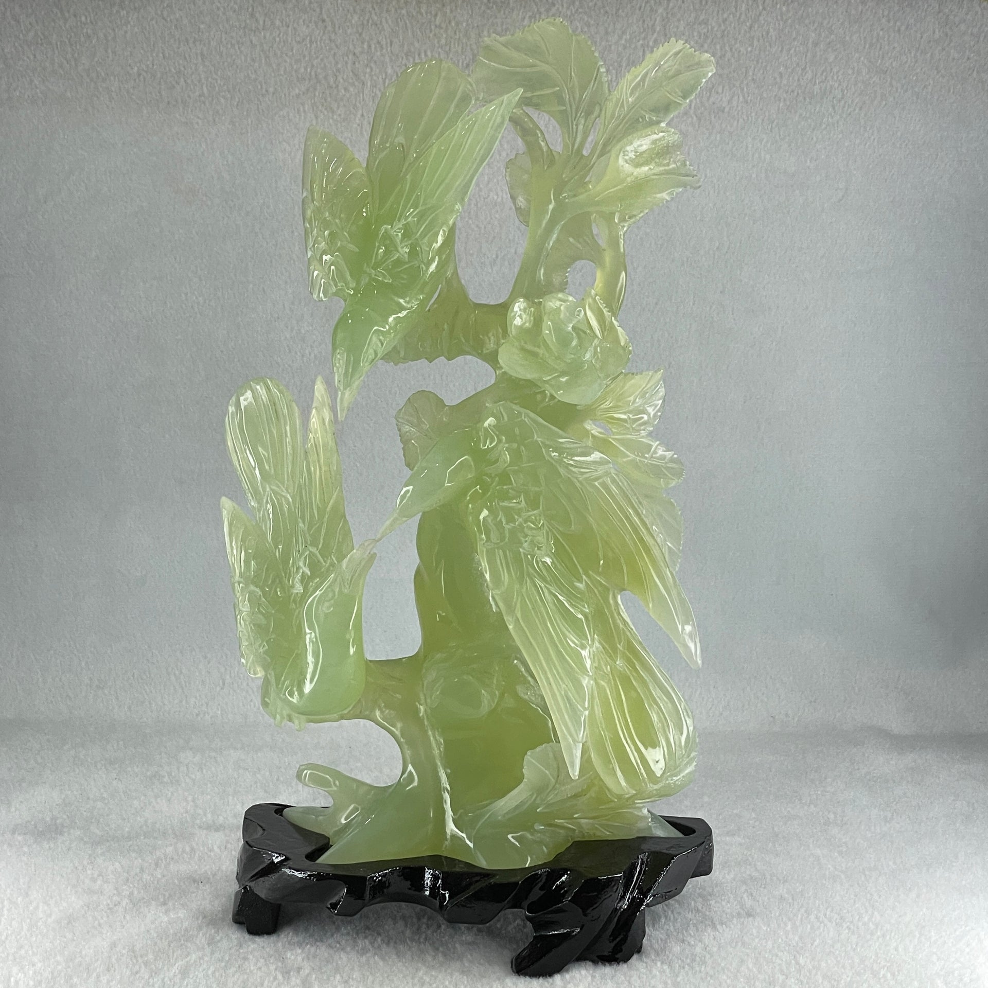 Natural Green Serpentine 3 Magpie Birds on Tree with Wooden Stand Display 939.0g 147.0 by 272.0 by 92.0mm - Huangs Jadeite and Jewelry Pte Ltd