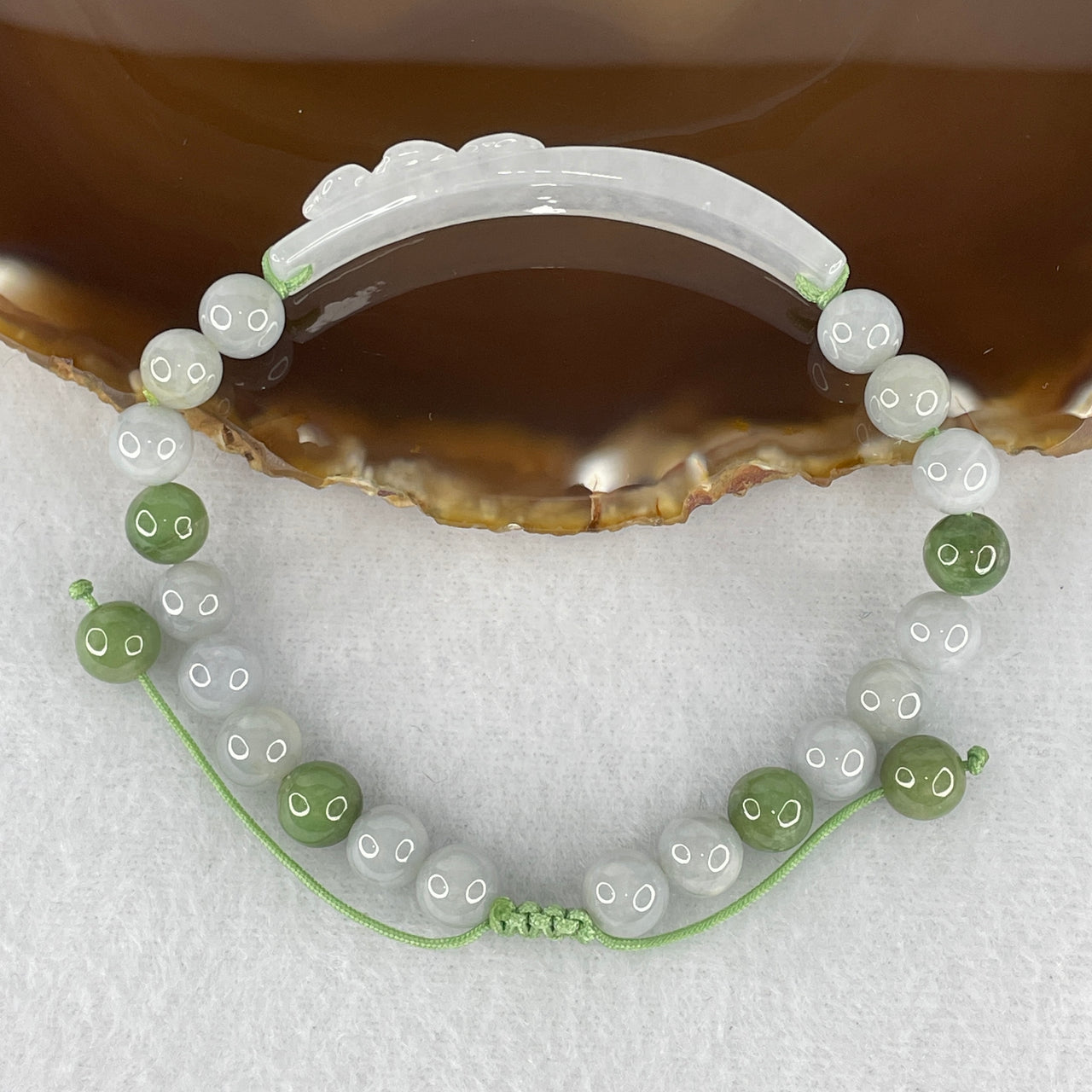 Natural Type A Light Blueish Green Jadeite Bracelet | Adjustable 7.6mm Round Multi-Tone Green Beads with Colorless Icy Lotus Flower 52.2x9.8x5.9mm Bar Amulet (22.34g, 18-20cm, 20 Beads)