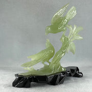 Natural Green Serpentine Twin Magpie Birds on Tree with Wooden Stand Display 453.4g 230.0 by 196.0 by 79.0mm - Huangs Jadeite and Jewelry Pte Ltd