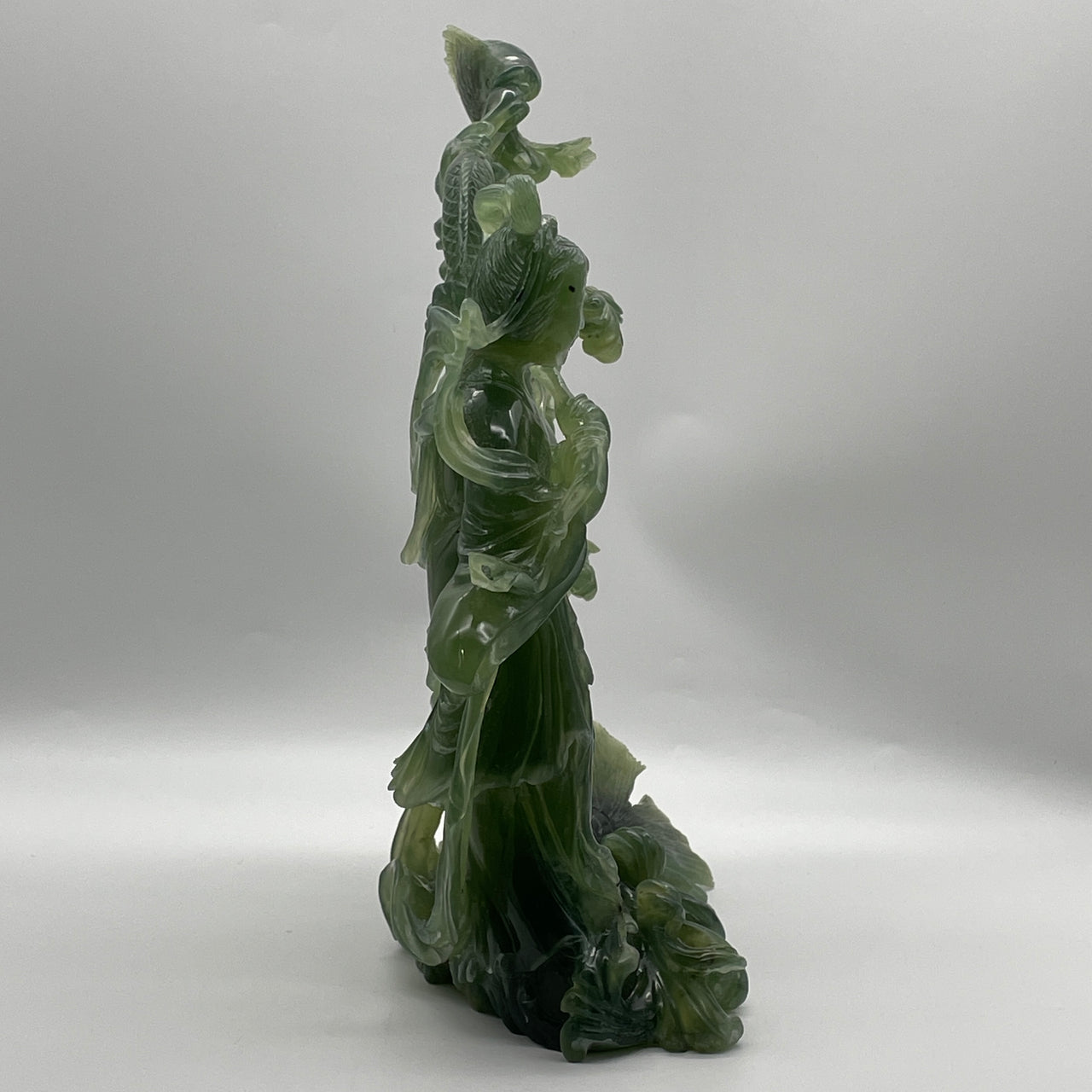 Natural Green Serpentine Fairy with 3 Carp Fish on Flower Tree on Carp Fish Mouth Display 2,848.5g 260.0 by 130.0 by 305.0mm