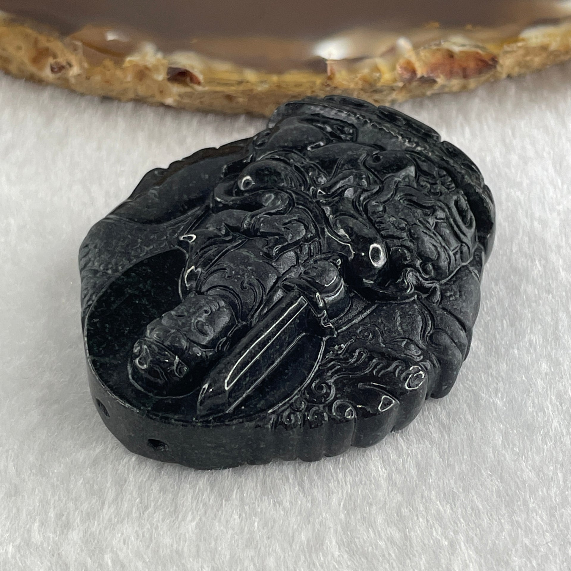 Type A Opaque Black Omphacite Jadeite Good Vs Evil Manjushri Bodhisattva Pendant Rabbit Zodiac Guardian 39.25g 50.5 by 44.0 by 13.3mm - Huangs Jadeite and Jewelry Pte Ltd