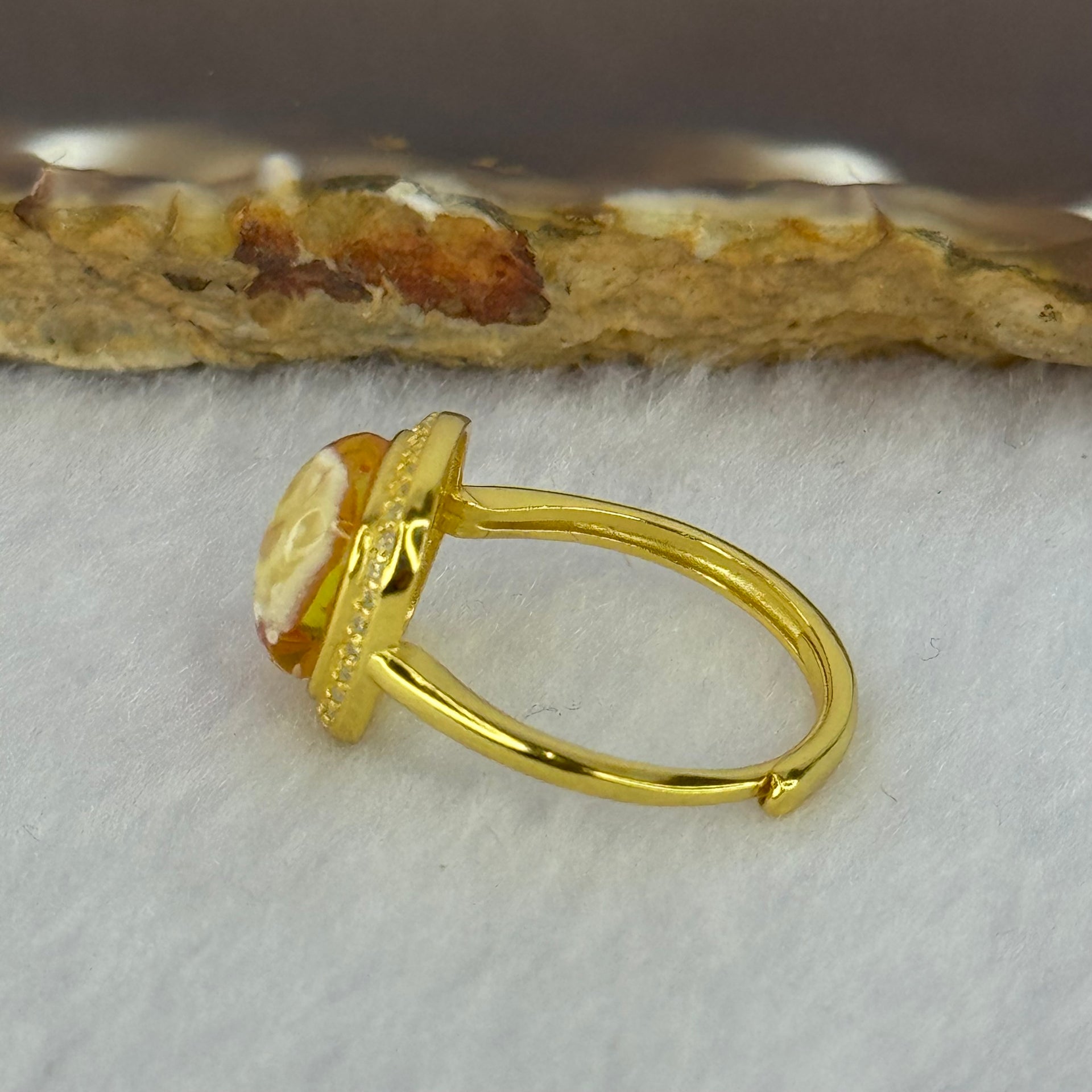 Natural Honey Yellow Amber with Milk Inclusions in S925 Sliver Gold Color Ring (Adjustable Size) 2.32g 9.7 by 9.0 by 4.0mm - Huangs Jadeite and Jewelry Pte Ltd