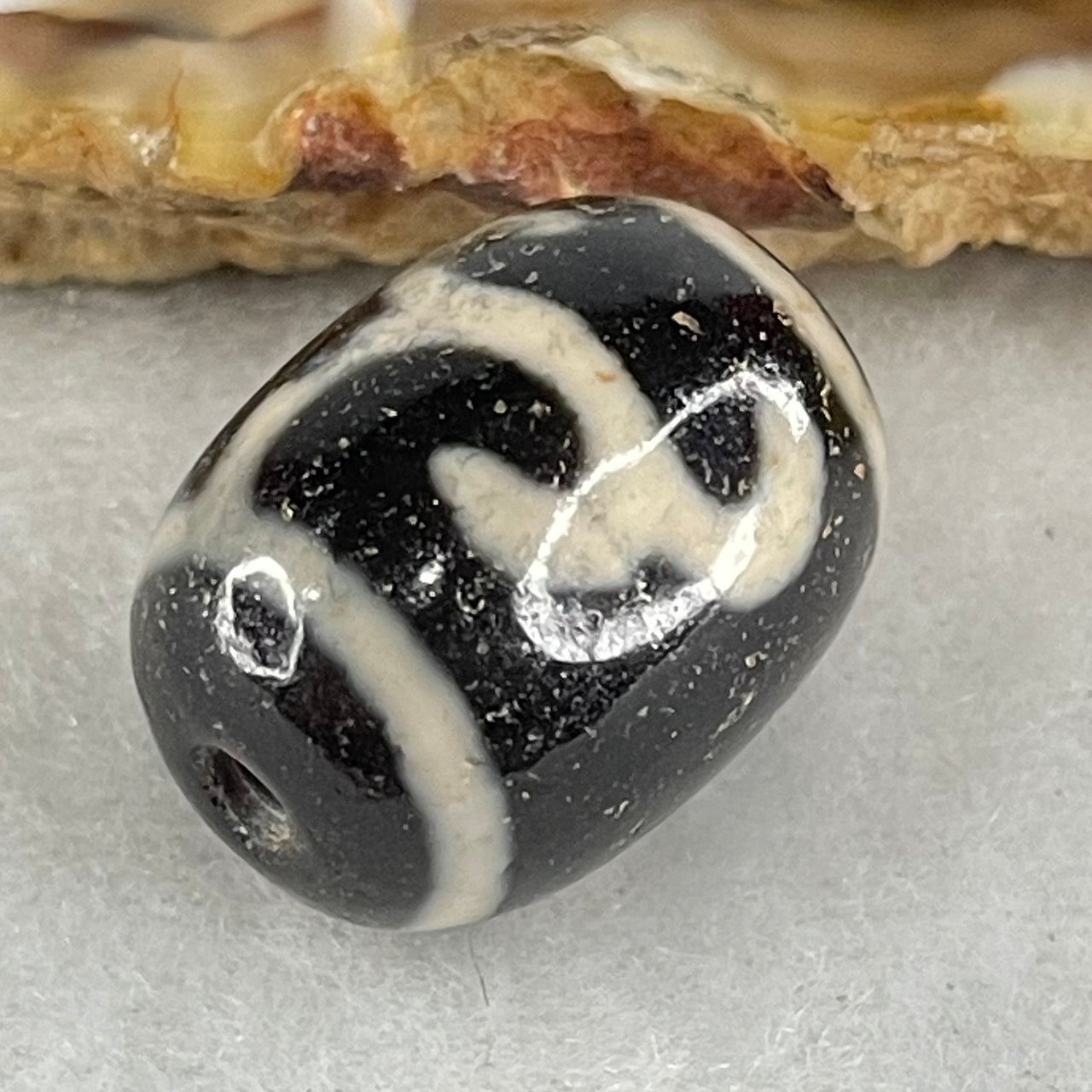 Natural Powerful Tibetan Old Oily Black White Agate Green Tara Dzi Bead Heavenly Master (Tian Zhu) 绿度母天珠 4.70g 17.3 by 13.2mm - Huangs Jadeite and Jewelry Pte Ltd