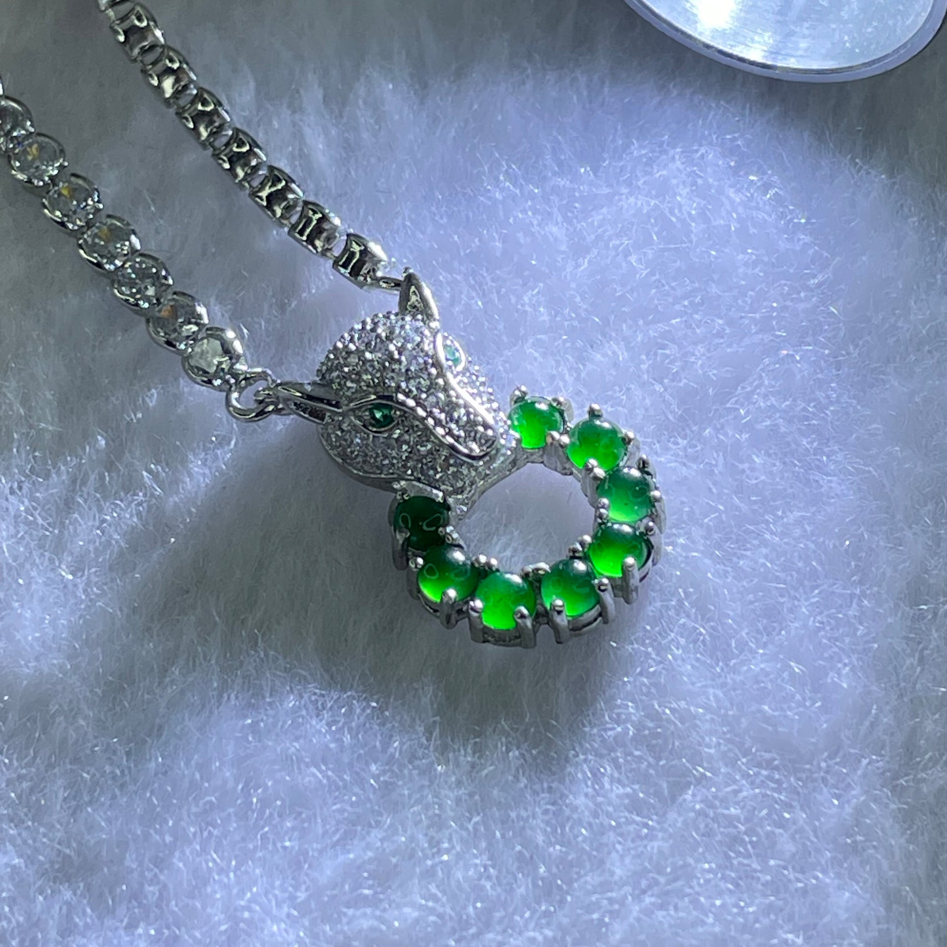 Type A Icy Green Omphasite Jadeite Panther with Crystals in S925 Crystals Necklace 13.38g 3.3 by 1.5mm 8pcs - Huangs Jadeite and Jewelry Pte Ltd