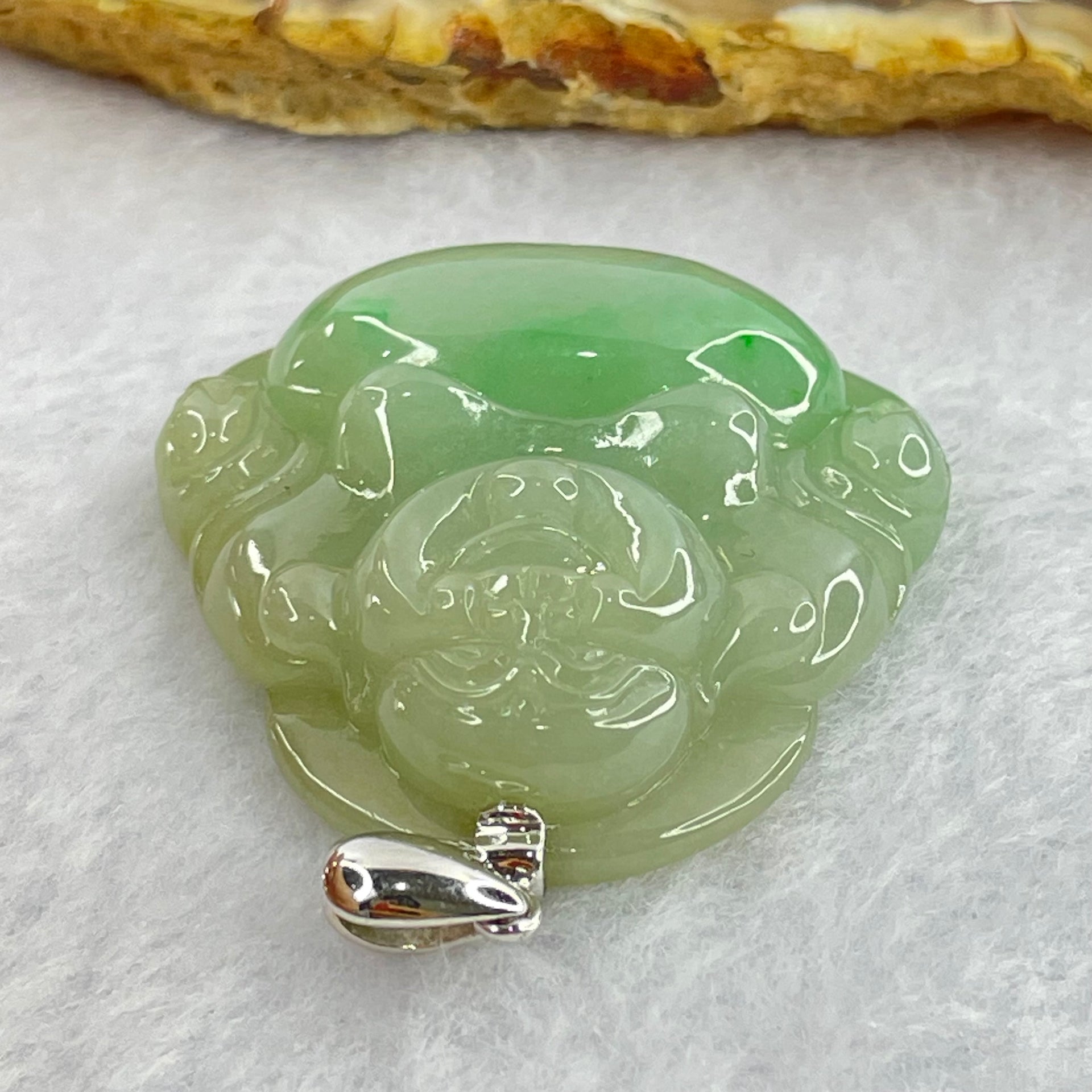 18K 750 White Gold Type A Green with Apple Green Milo Buddha Pendant 20.73g 34.3 by 35.3 by 10.80mm - Huangs Jadeite and Jewelry Pte Ltd