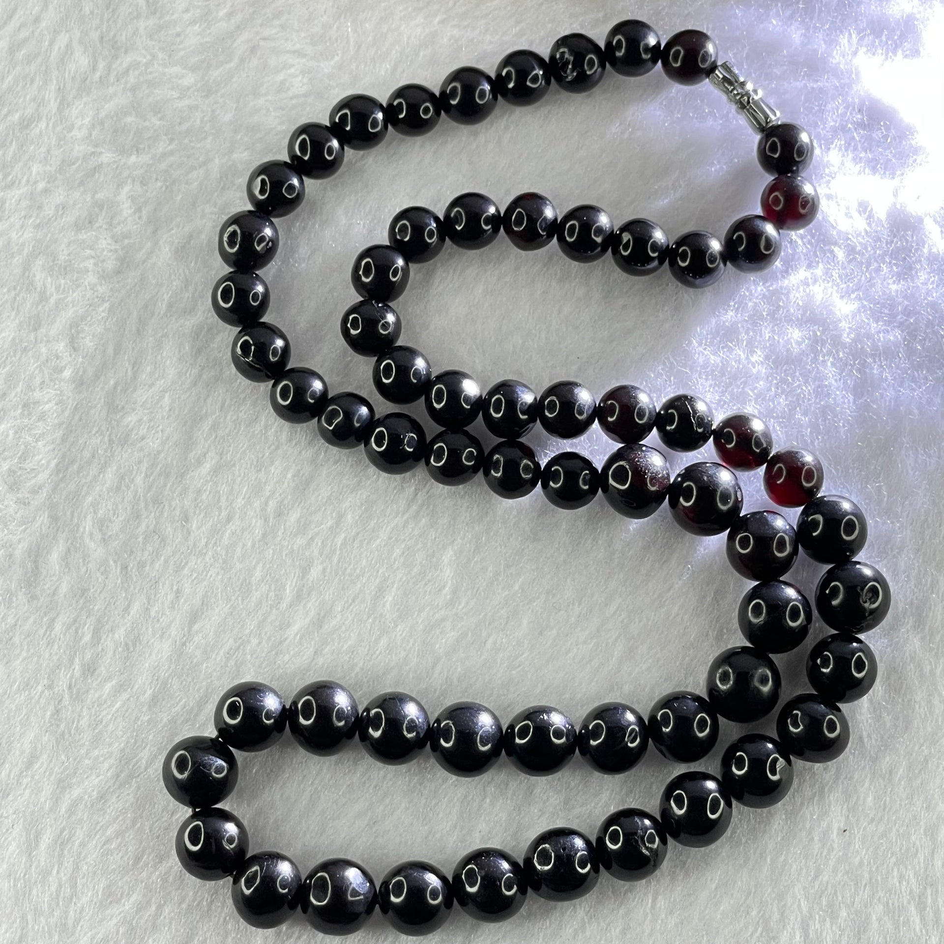 Natural Black Red Gold King Amber Beads Necklace 天然黑金翁王琥珀手链 24.02g 54cm 8.1 by 9.8mm 63 Beads - Huangs Jadeite and Jewelry Pte Ltd