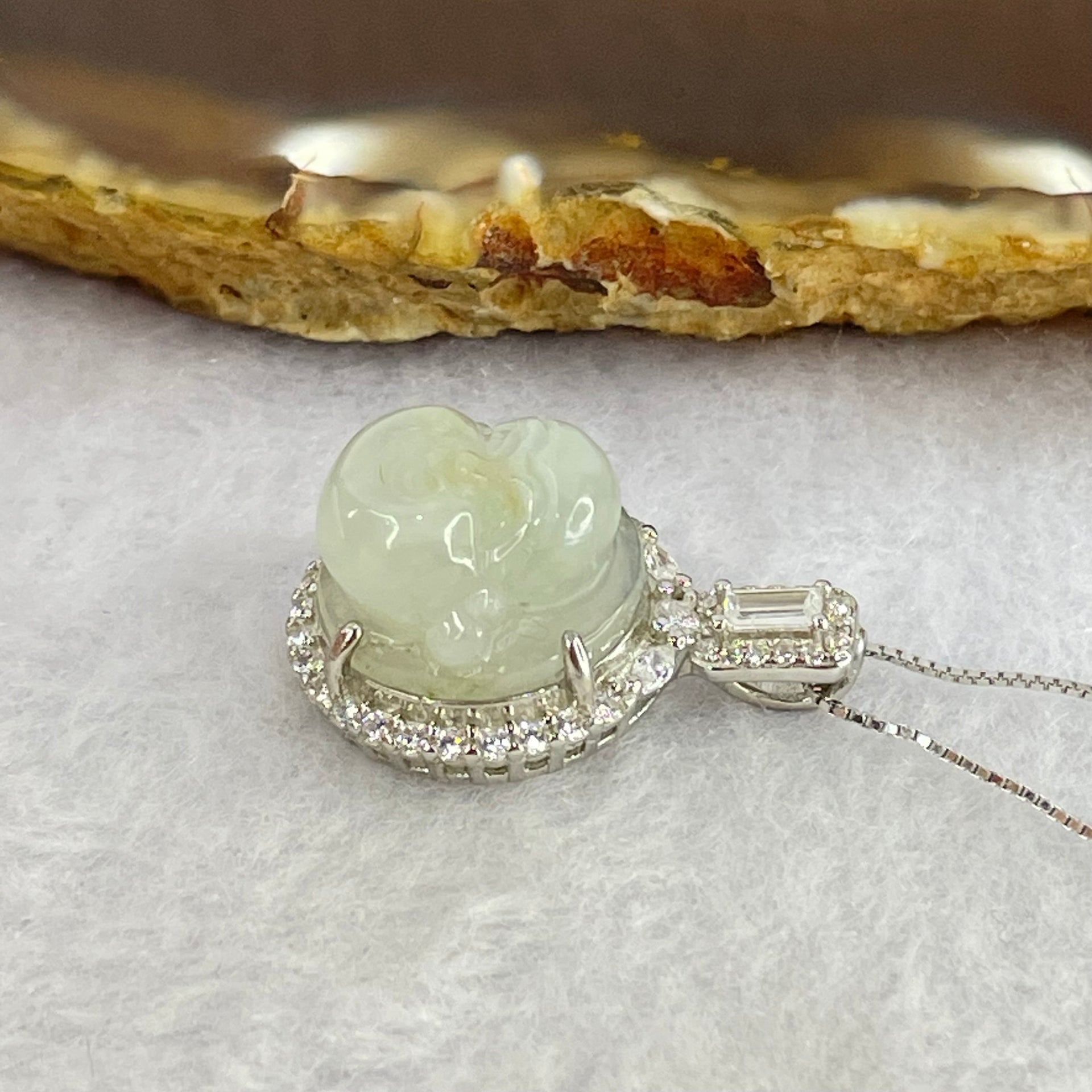Type A Faint Green Lavender Yellow Milo Buddha with Crystals in S925 Sliver Pendant and Necklace 5.52g 13.9 by 13.9 by  7.5mm - Huangs Jadeite and Jewelry Pte Ltd