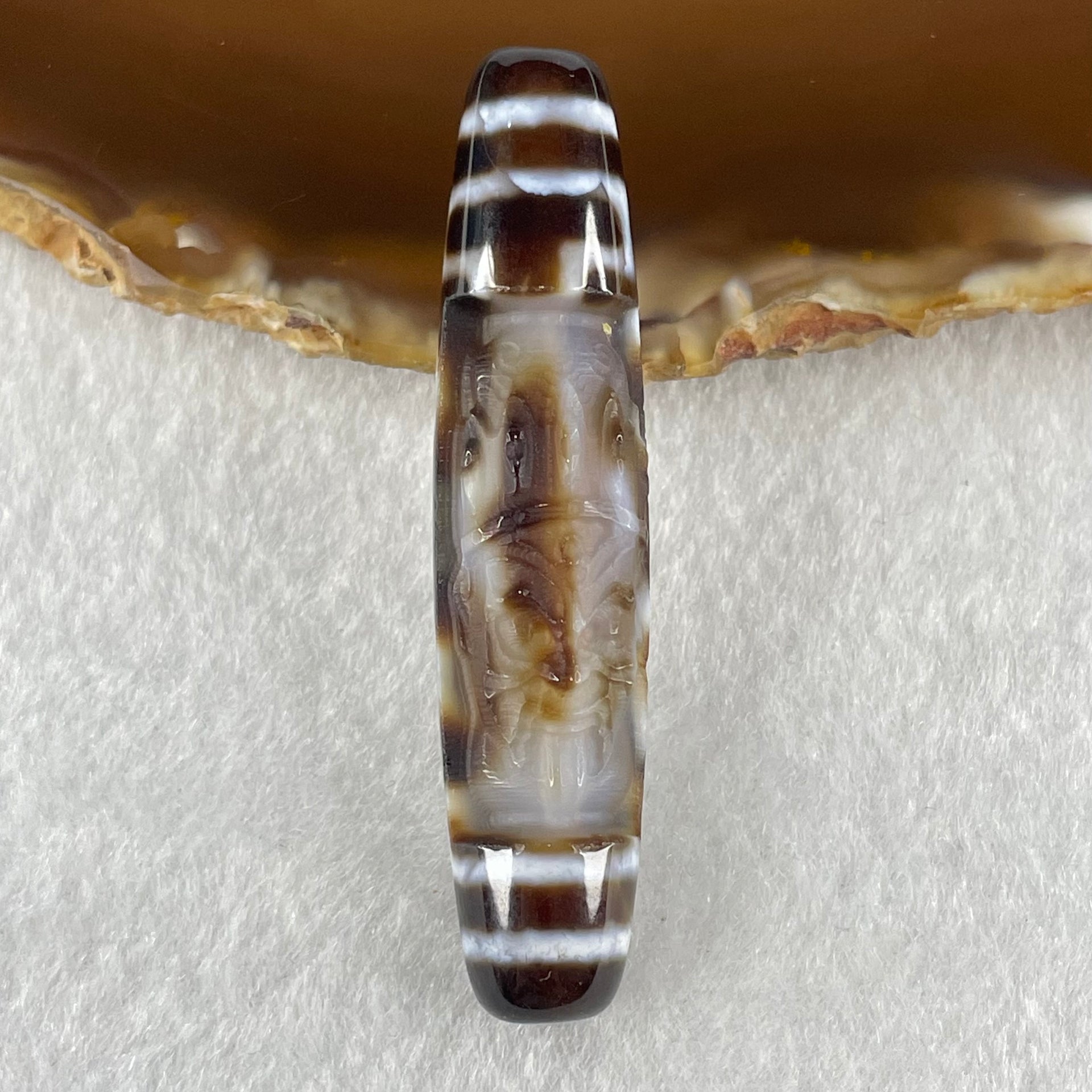Natural Powerful Tibetan Old Oily Agate 4 Eyes with Zha Ji La Mu Female Cai Shen Carvings Dzi Bead Heavenly Master (Tian Zhu) 四眼扎基拉姆女财神天诛 13.03g 57.9 by 13.0mm - Huangs Jadeite and Jewelry Pte Ltd