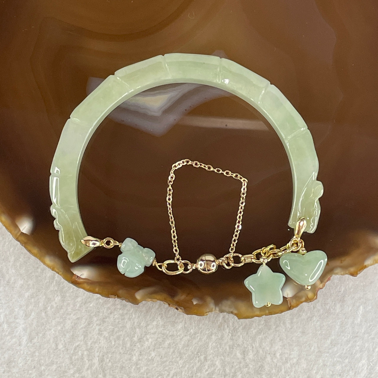 Natural Type A Jelly Light Green with Yellowish Spot Jadeite Bamboo with Double Dragon Head Bracelet 25.94g 17cm 7.2 by 8.2mm - Huangs Jadeite and Jewelry Pte Ltd